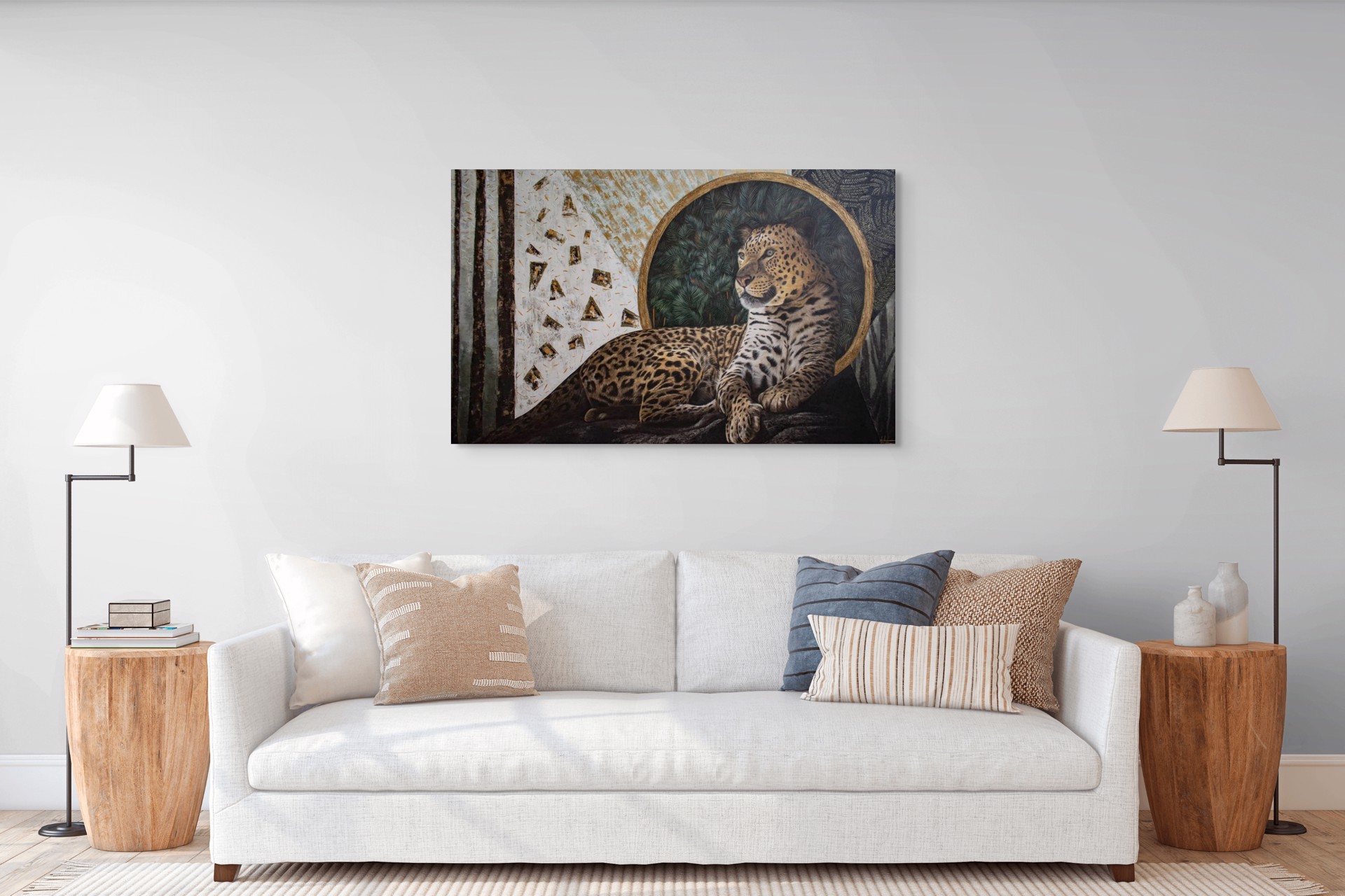 A painting of a leopard laying on a rock in front of a mirror.