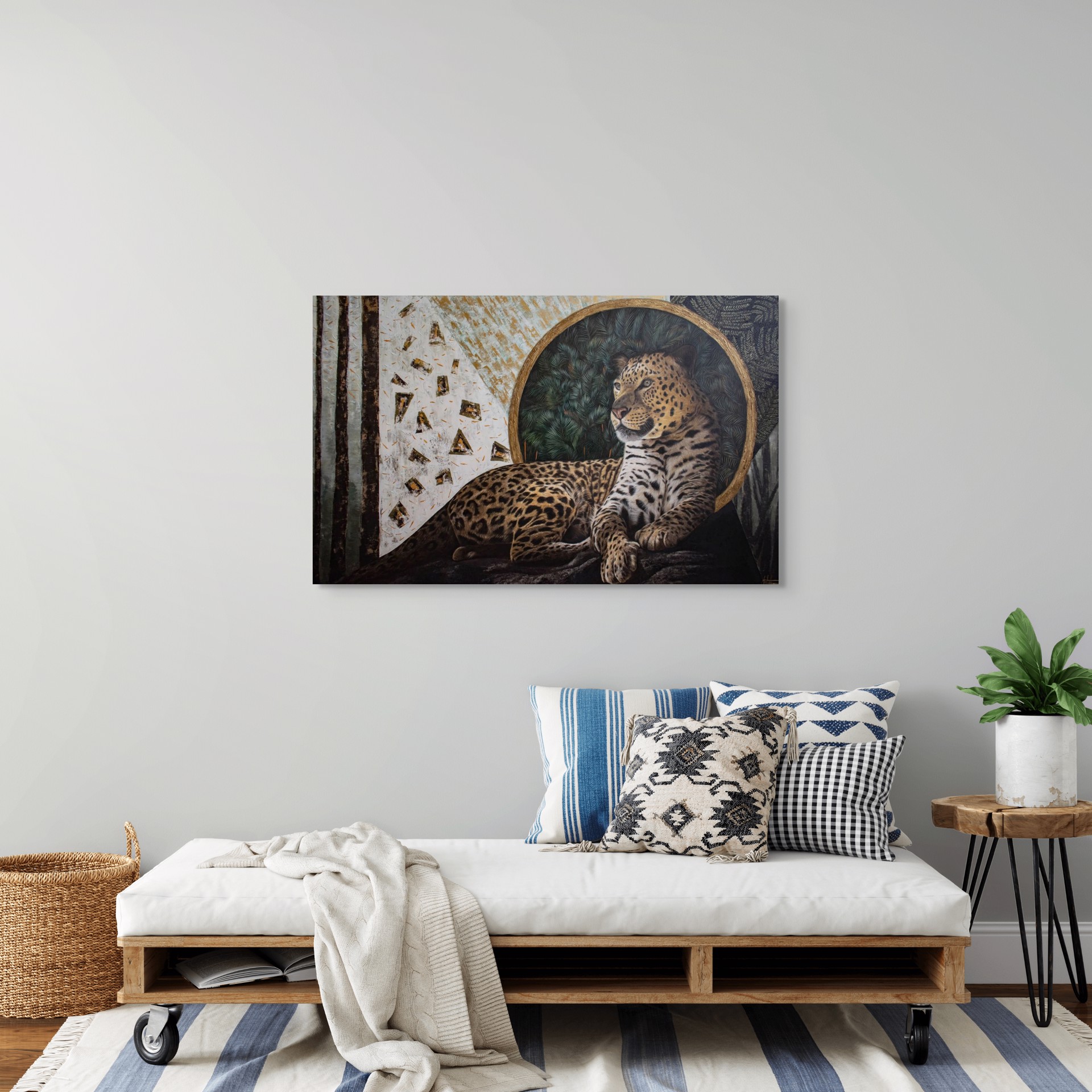 A painting of a leopard laying on a rock in front of a mirror.