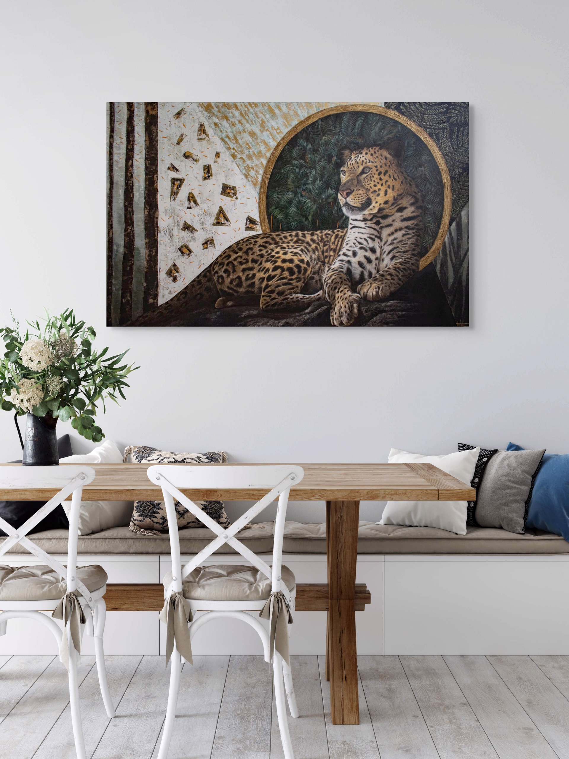 A painting of a leopard laying on a rock in front of a mirror.