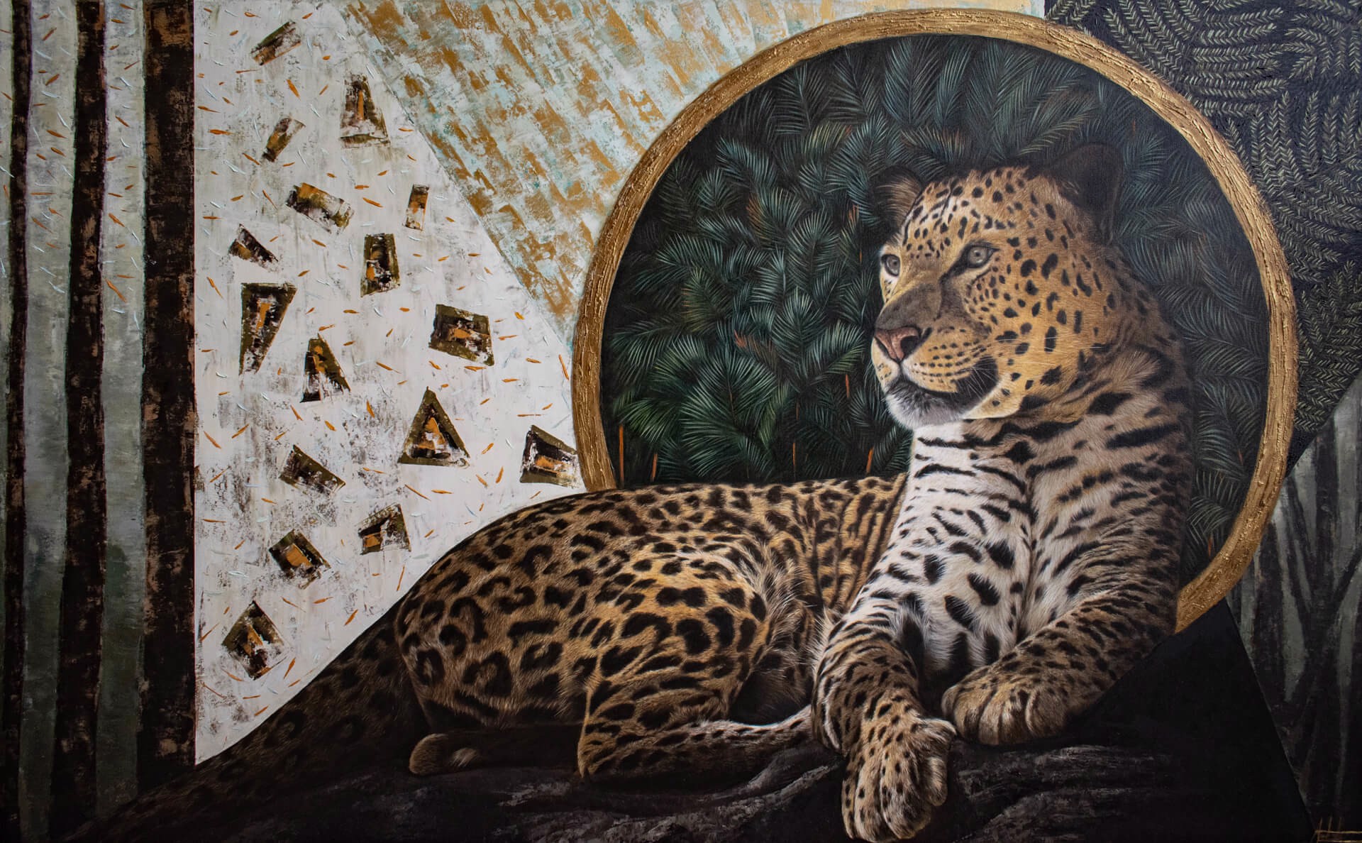 A painting of a leopard laying on a rock in front of a mirror.
