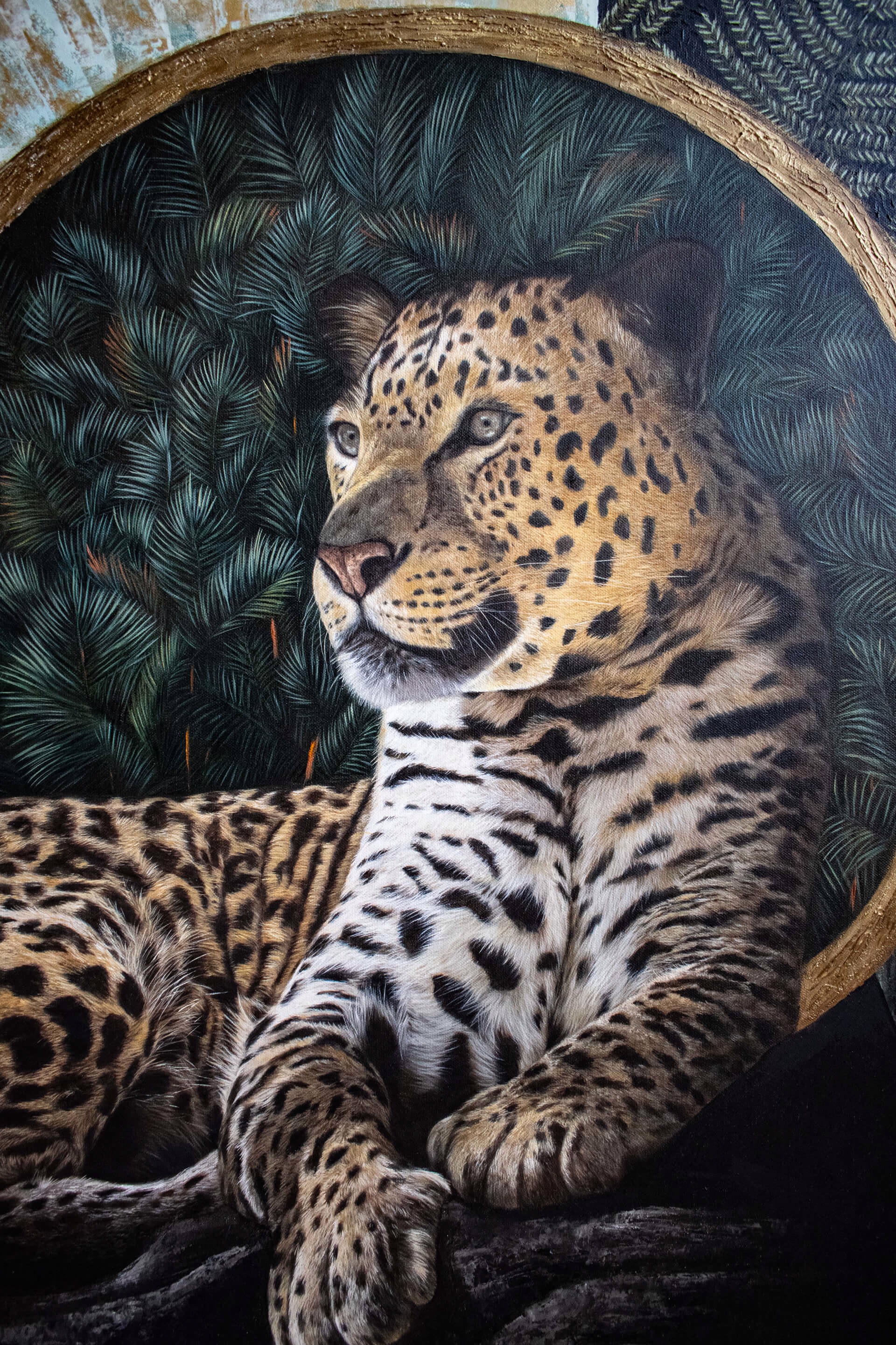 A painting of a leopard laying on a rock in front of a mirror.