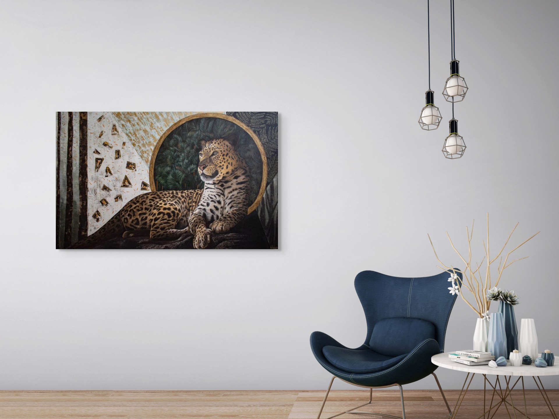 A painting of a leopard laying on a rock in front of a mirror.