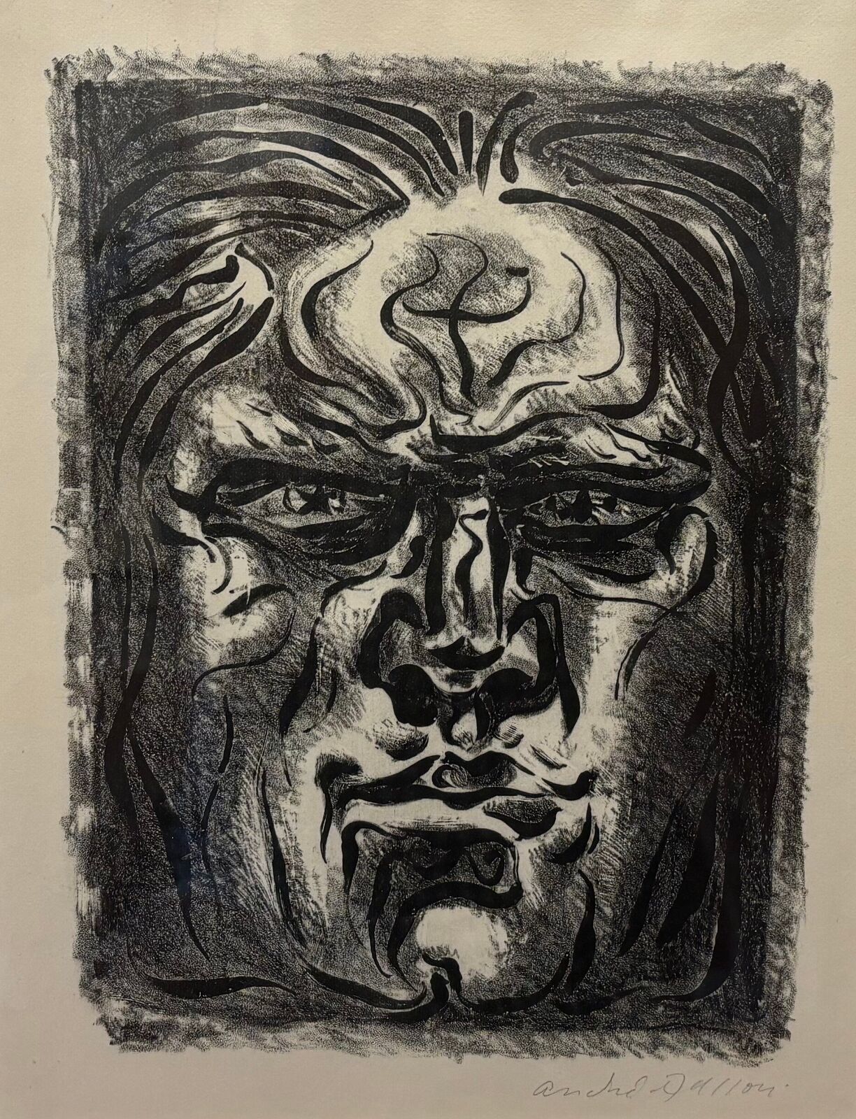 A black and white drawing of a man's face.