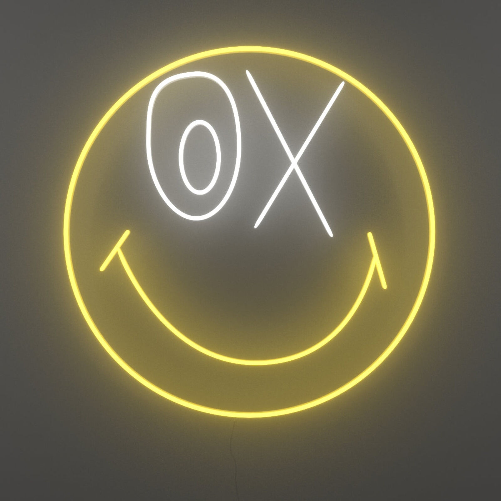 A neon sign with a smiley face with the word OX on it.