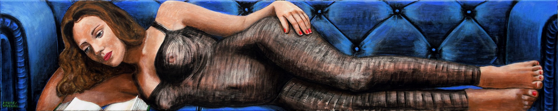 A painting of a woman laying on a blue couch.