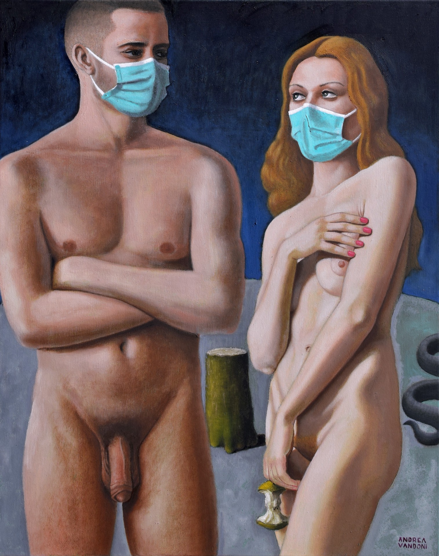 A painting of a man and a woman wearing face masks.