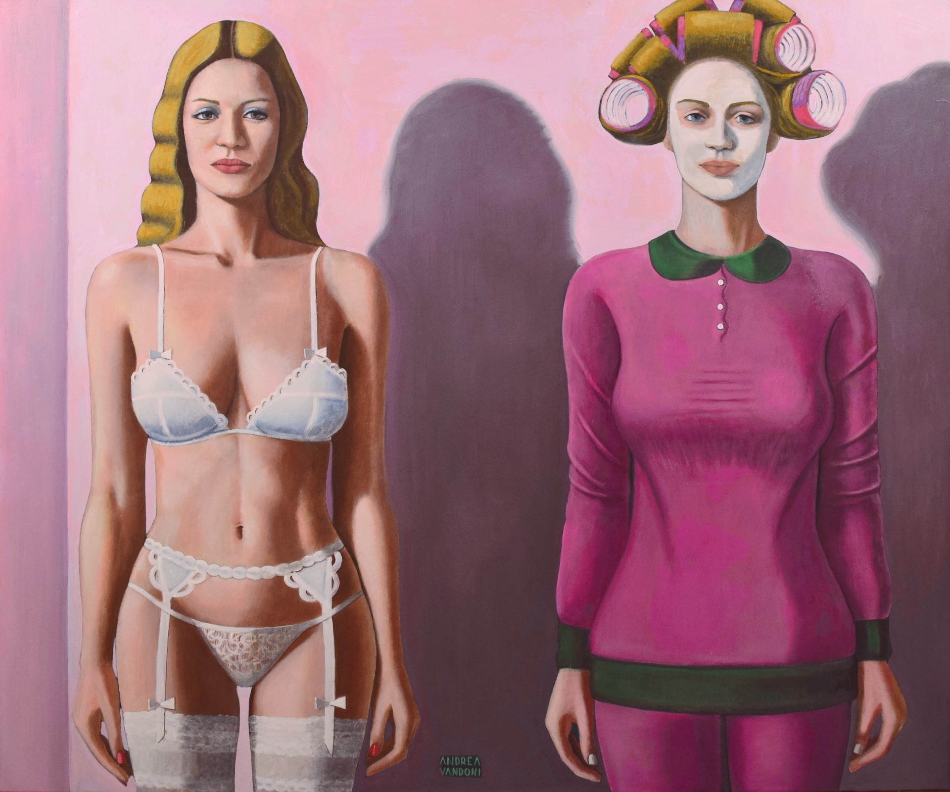 A painting of two women standing next to each other.