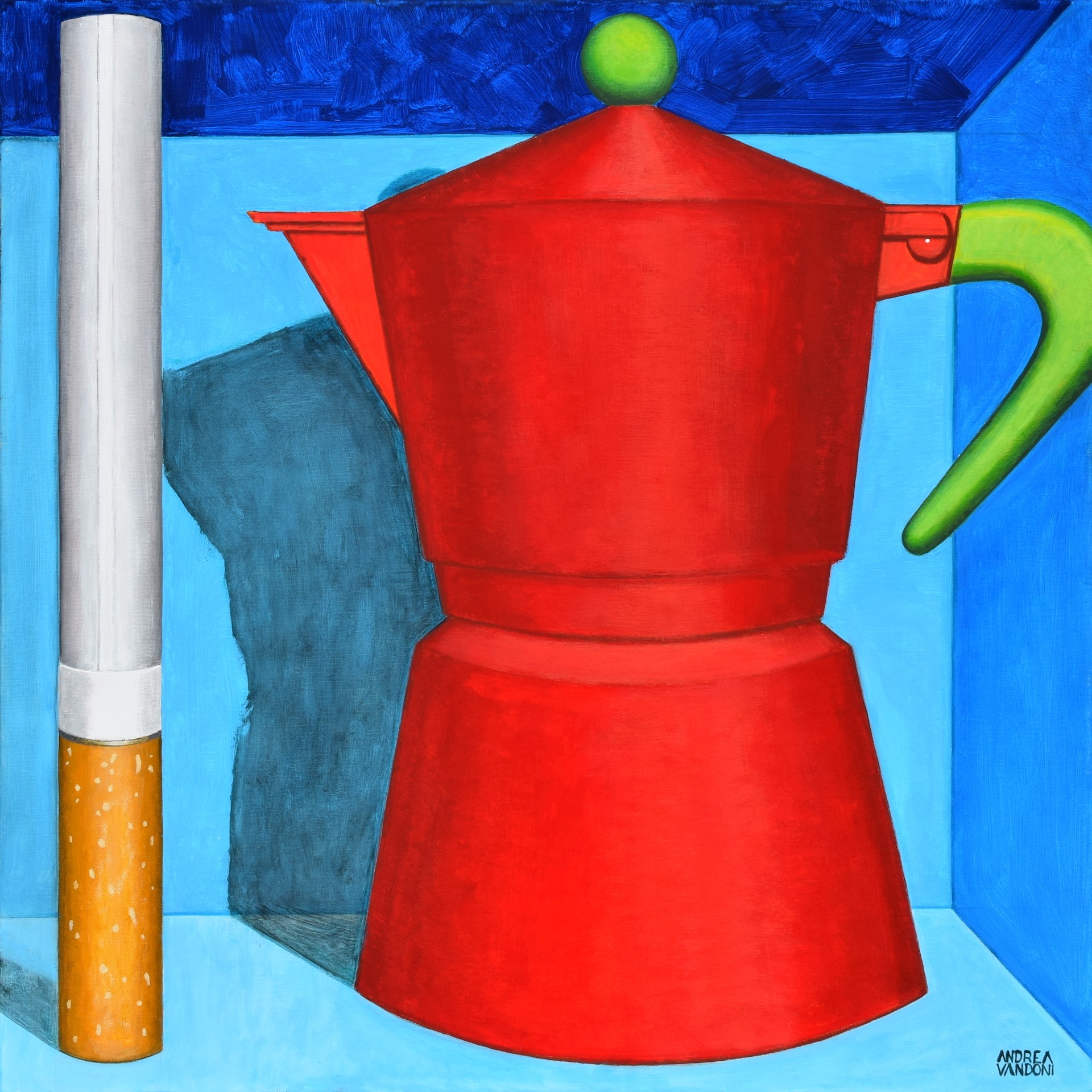 A painting of a red coffee pot and a cigarette.