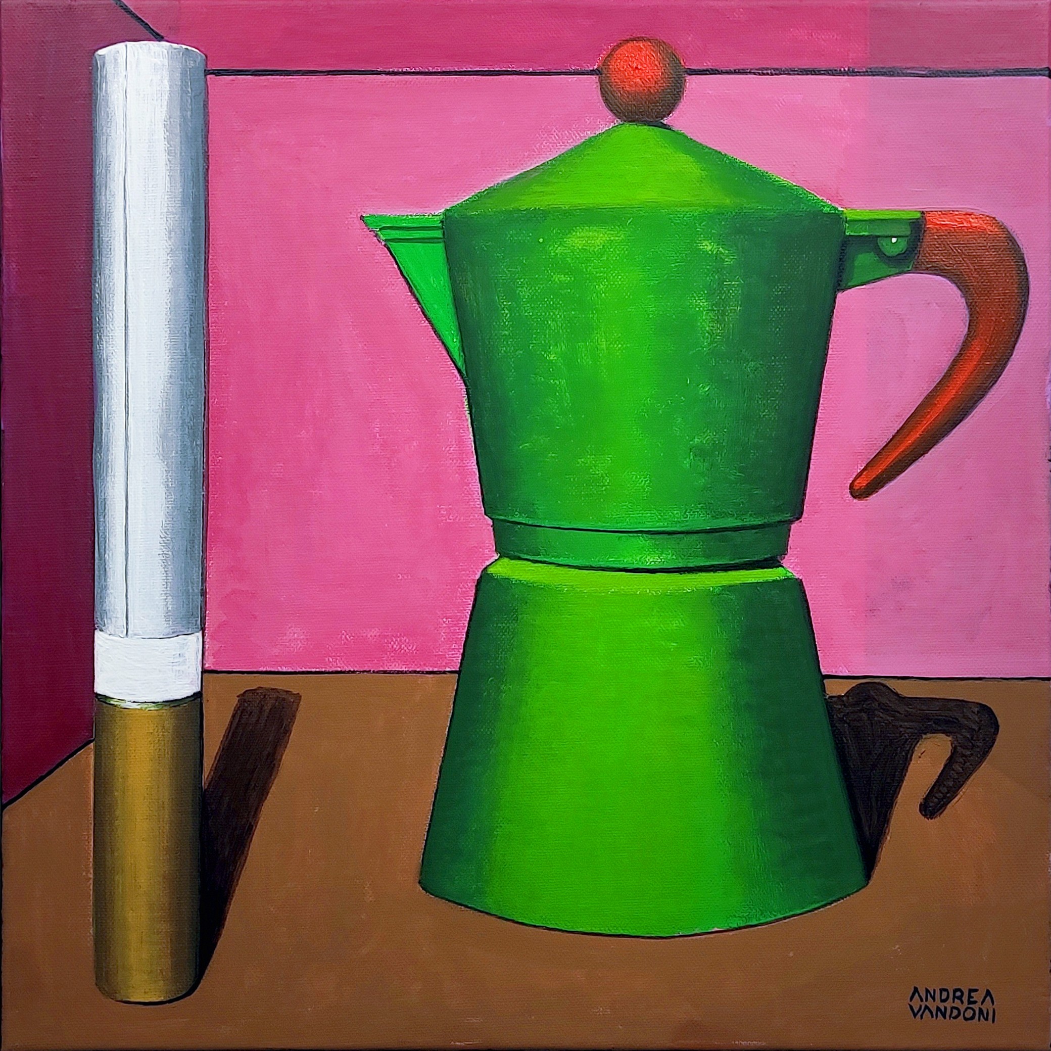 A painting of a green coffee pot and a cigarette.