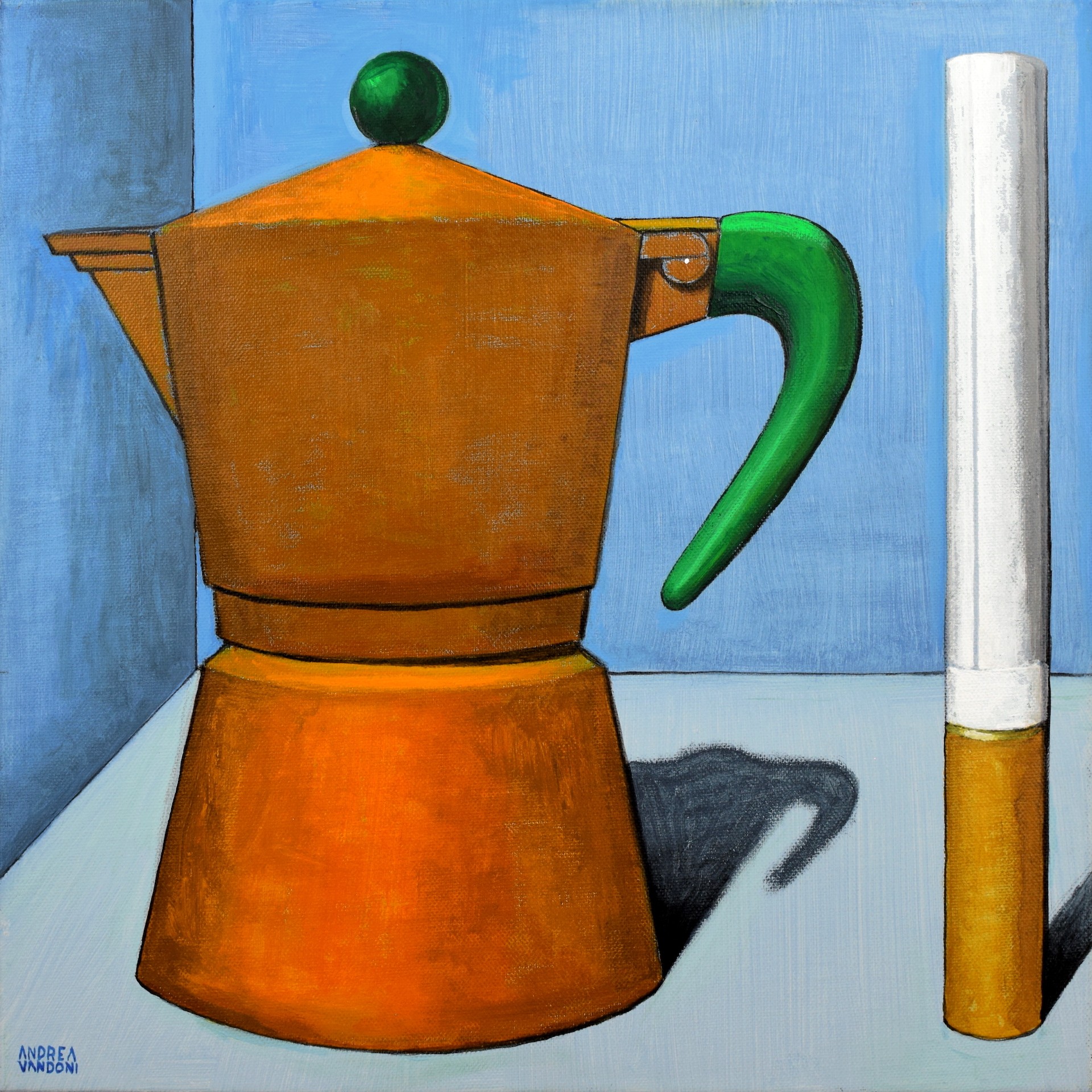 A painting of a coffee pot and a cigarette on a table.