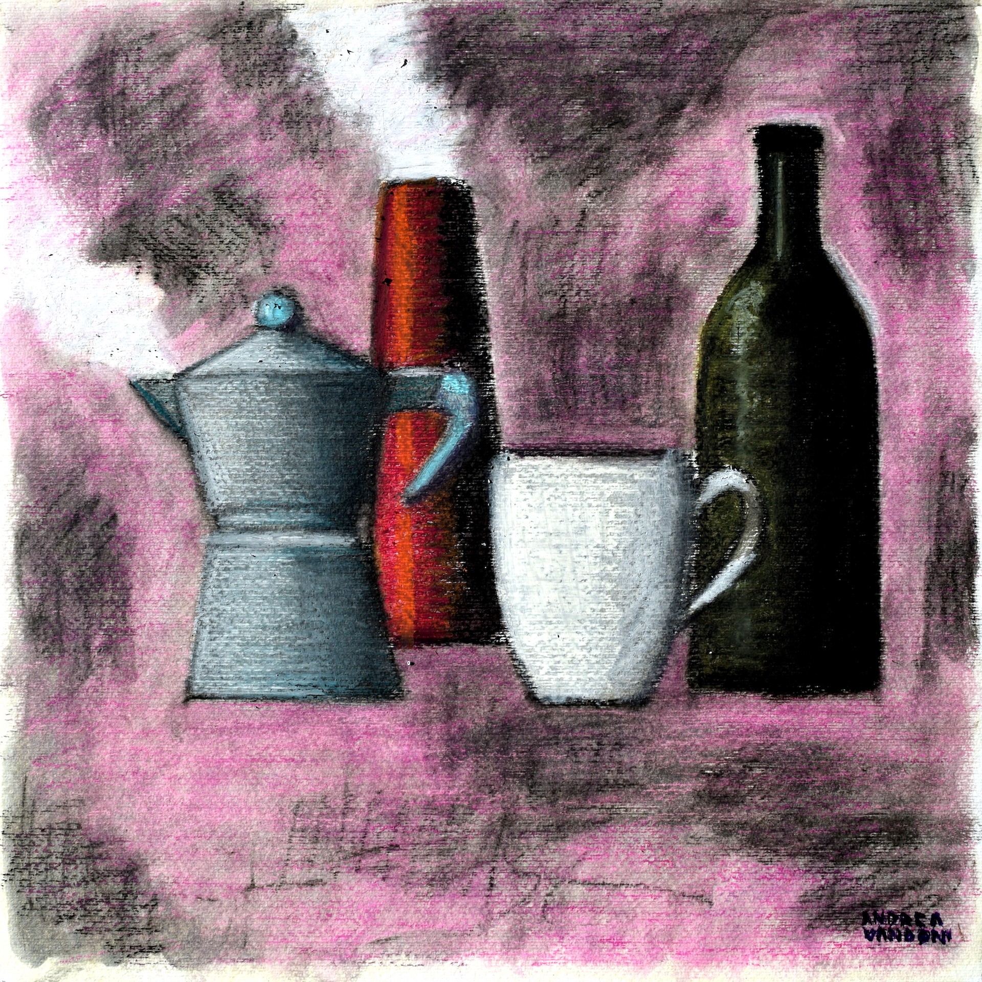 A painting of a coffee pot, a cup and a bottle of wine on a table.