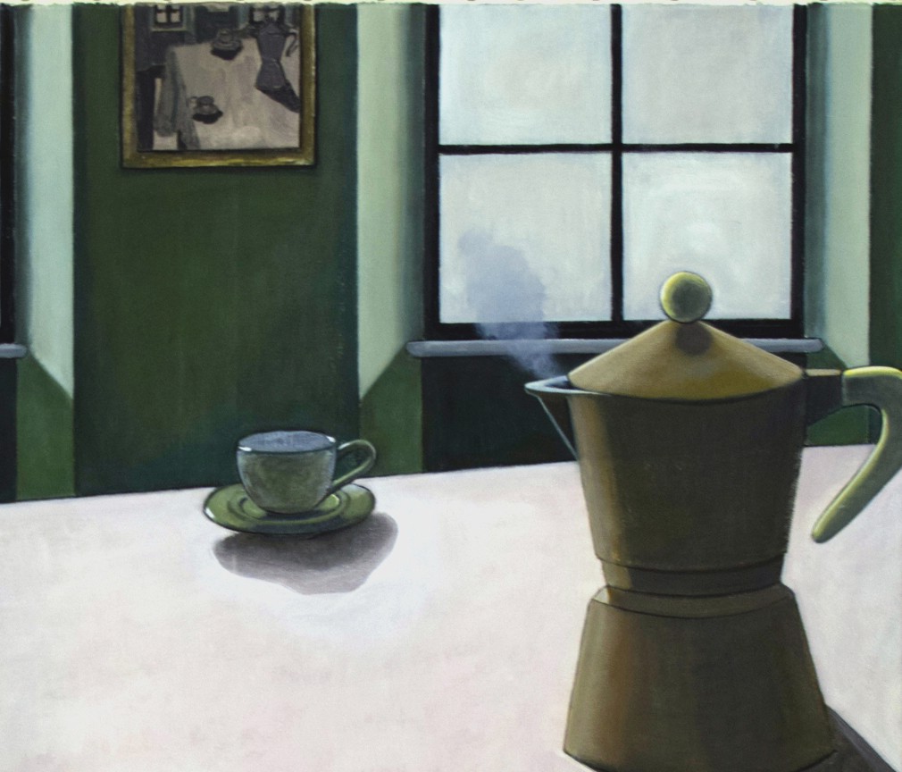 A painting of a coffee pot and a cup on a table.