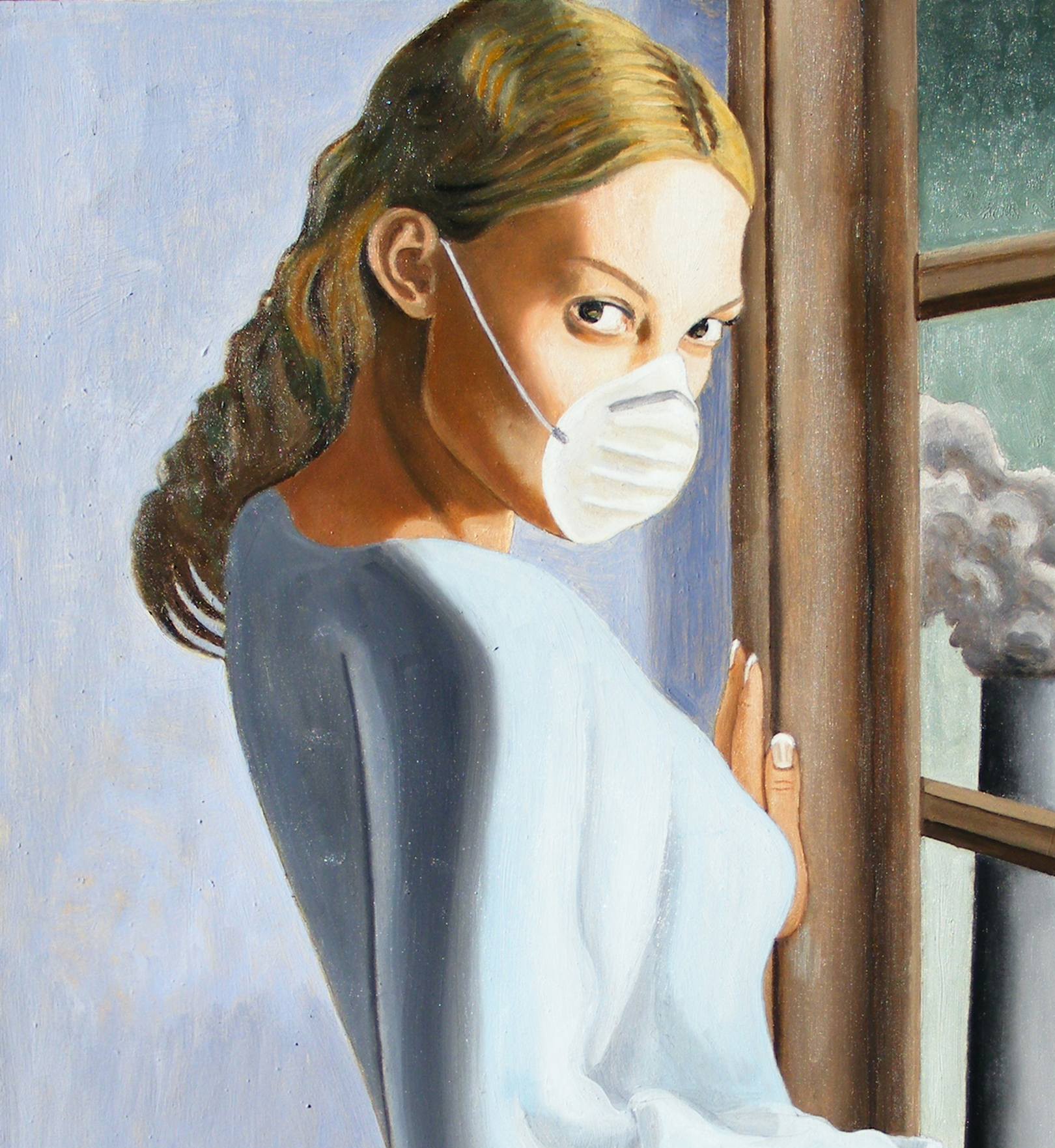 A painting of a woman wearing a face mask looking out a window.