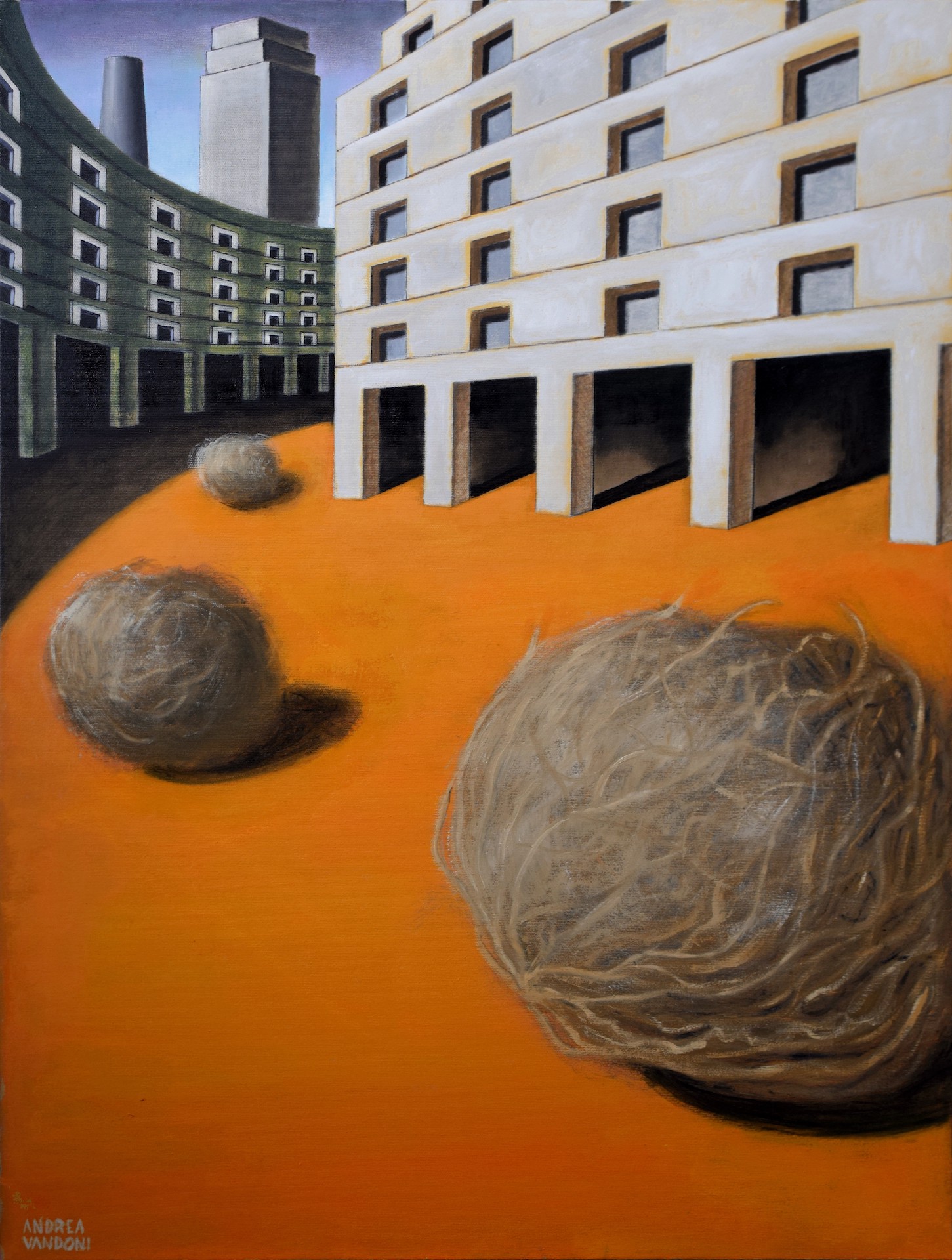 A painting of two balls of yarn in front of a building.
