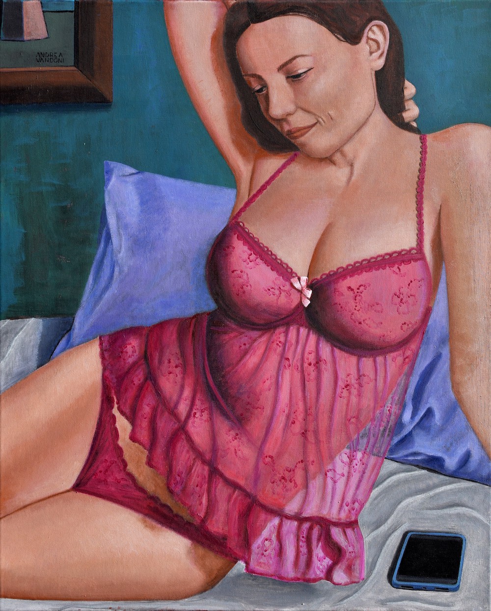 A painting of a woman in a pink lingerie laying on a bed.