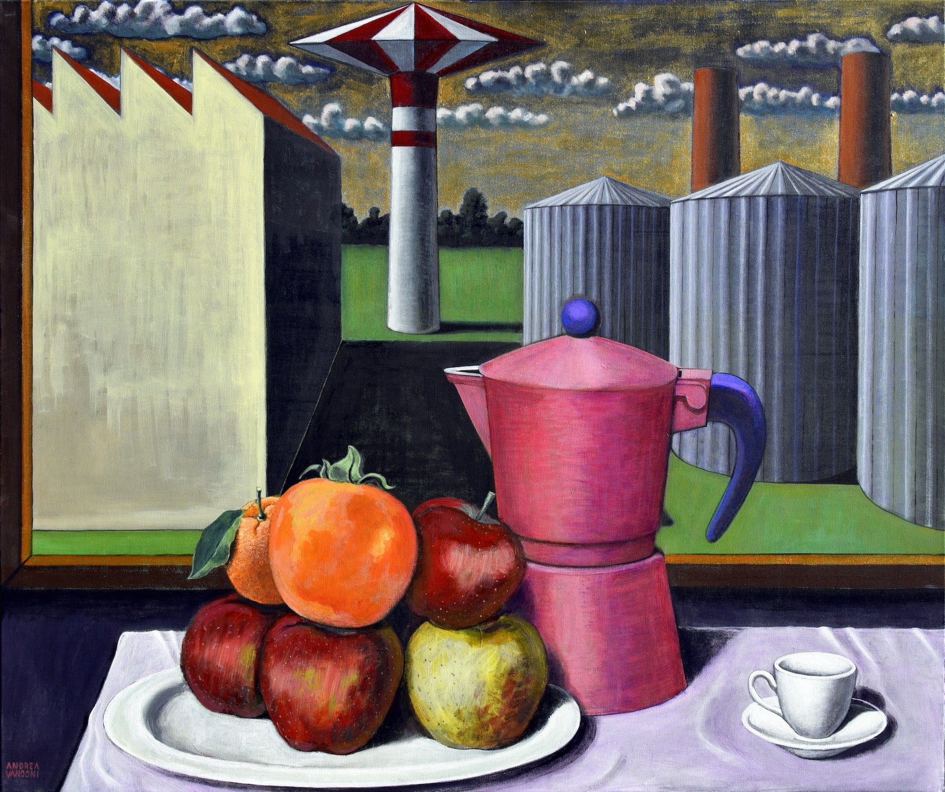 A painting of a plate of fruit and a coffee pot on a table.