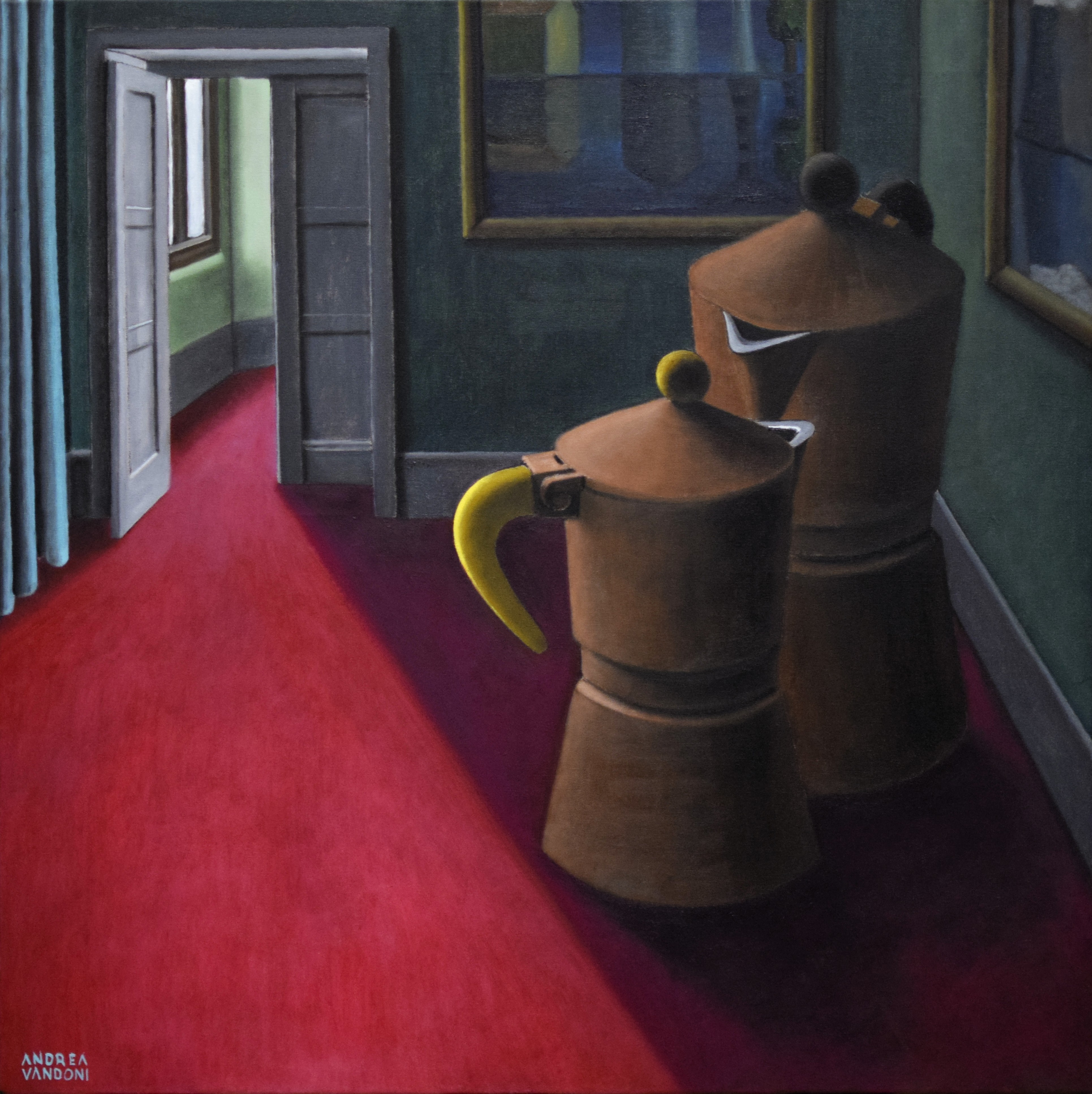 A painting of two coffee pots on a red carpeted floor.