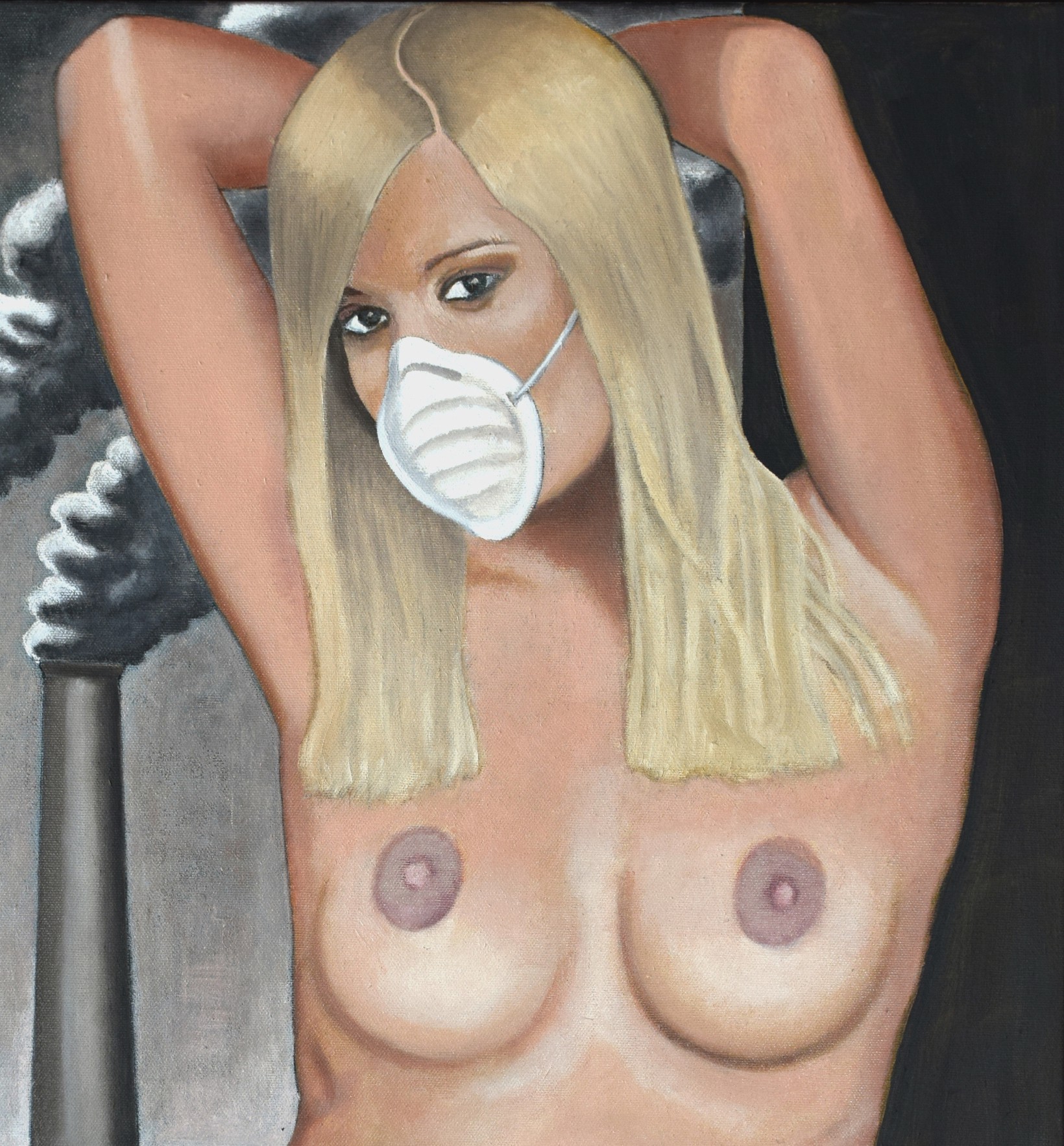 A painting of a woman wearing a face mask.