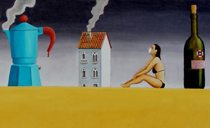 A painting of a woman sitting on a ledge next to a bottle of wine.