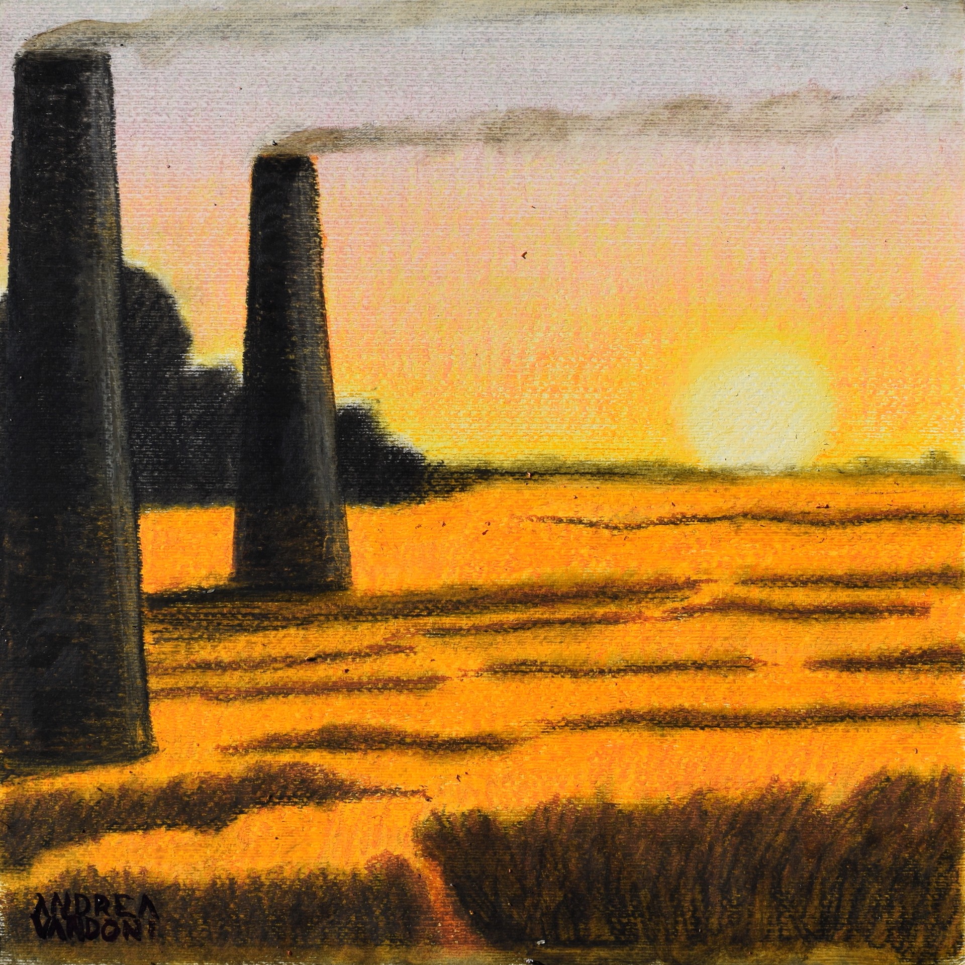 A painting of two chimneys in a field at sunset.
