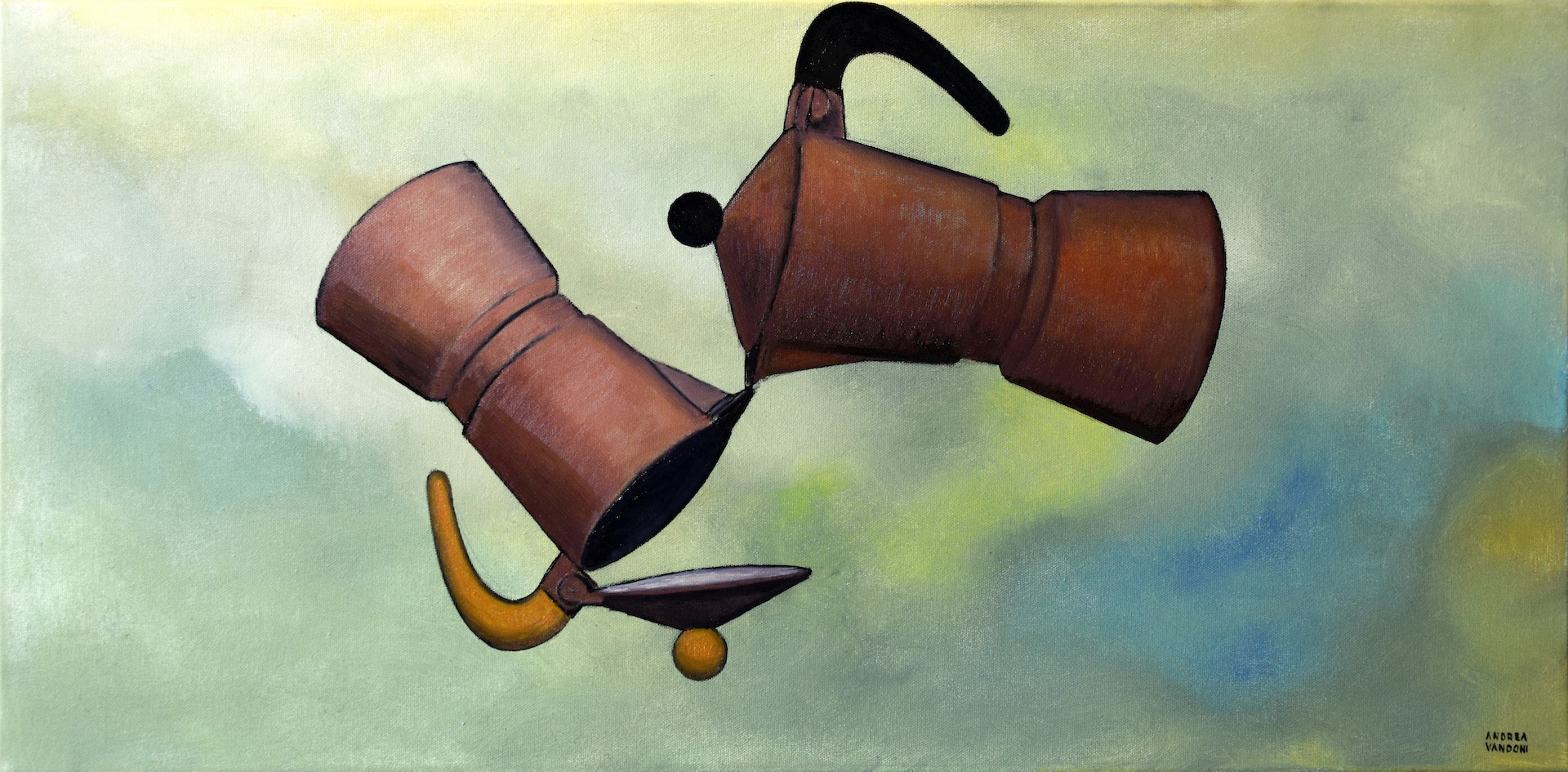 A painting of two coffee pots flying through the air.
