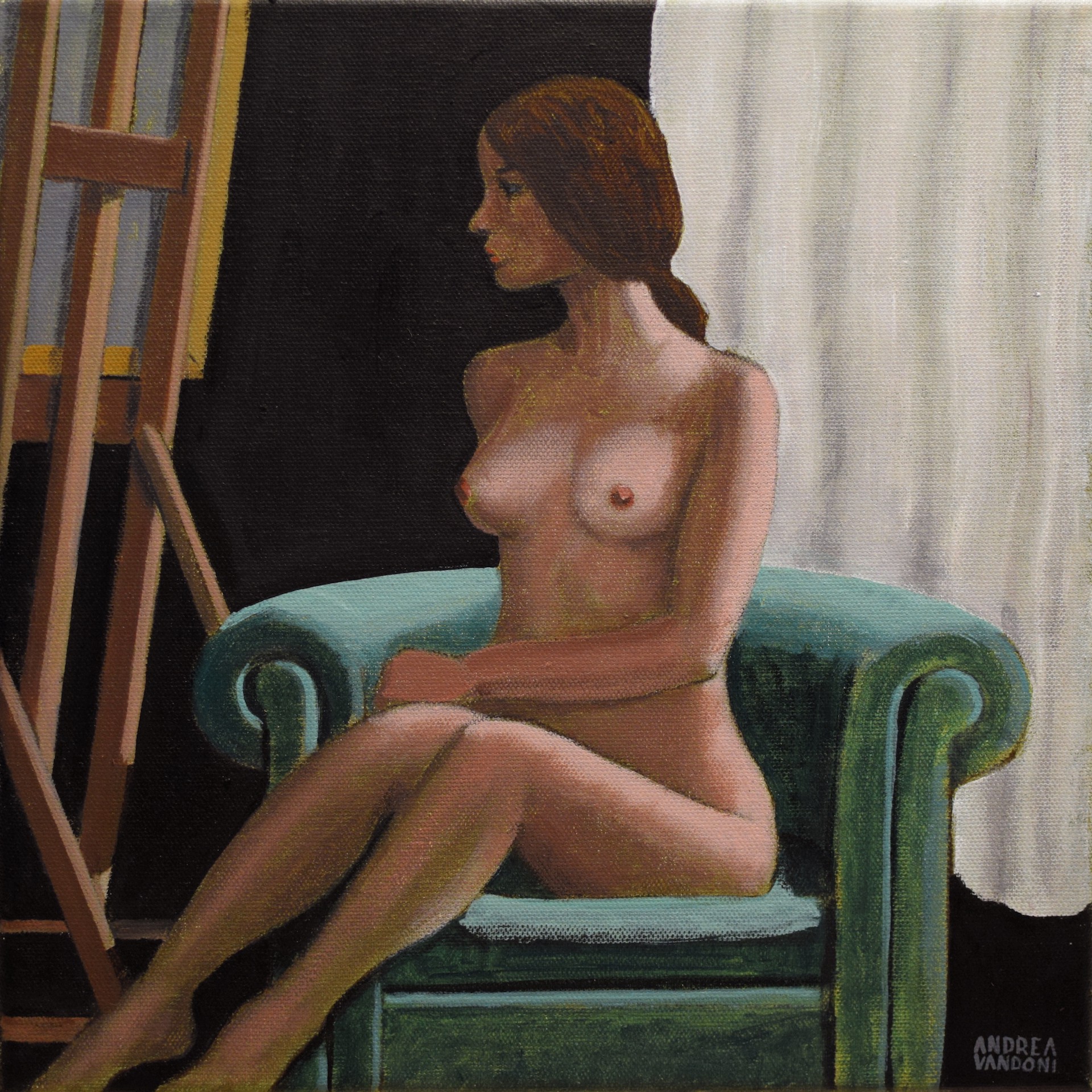A painting of a nude woman sitting in a green chair.
