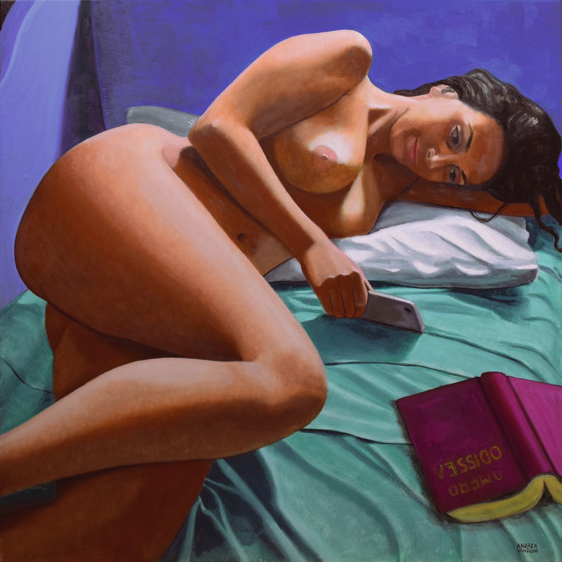 A painting of a naked woman laying on a bed with a book.
