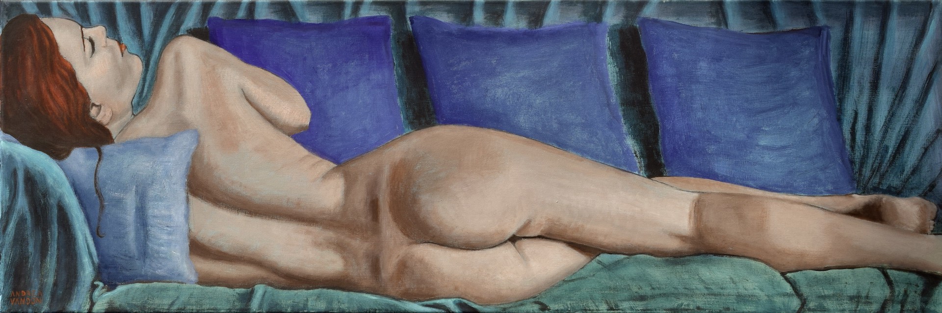 A painting of a woman laying on a couch.