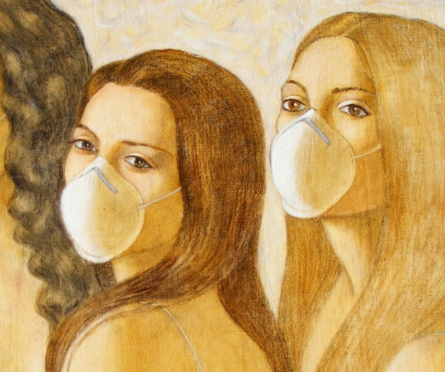 A painting of two women wearing face masks. 