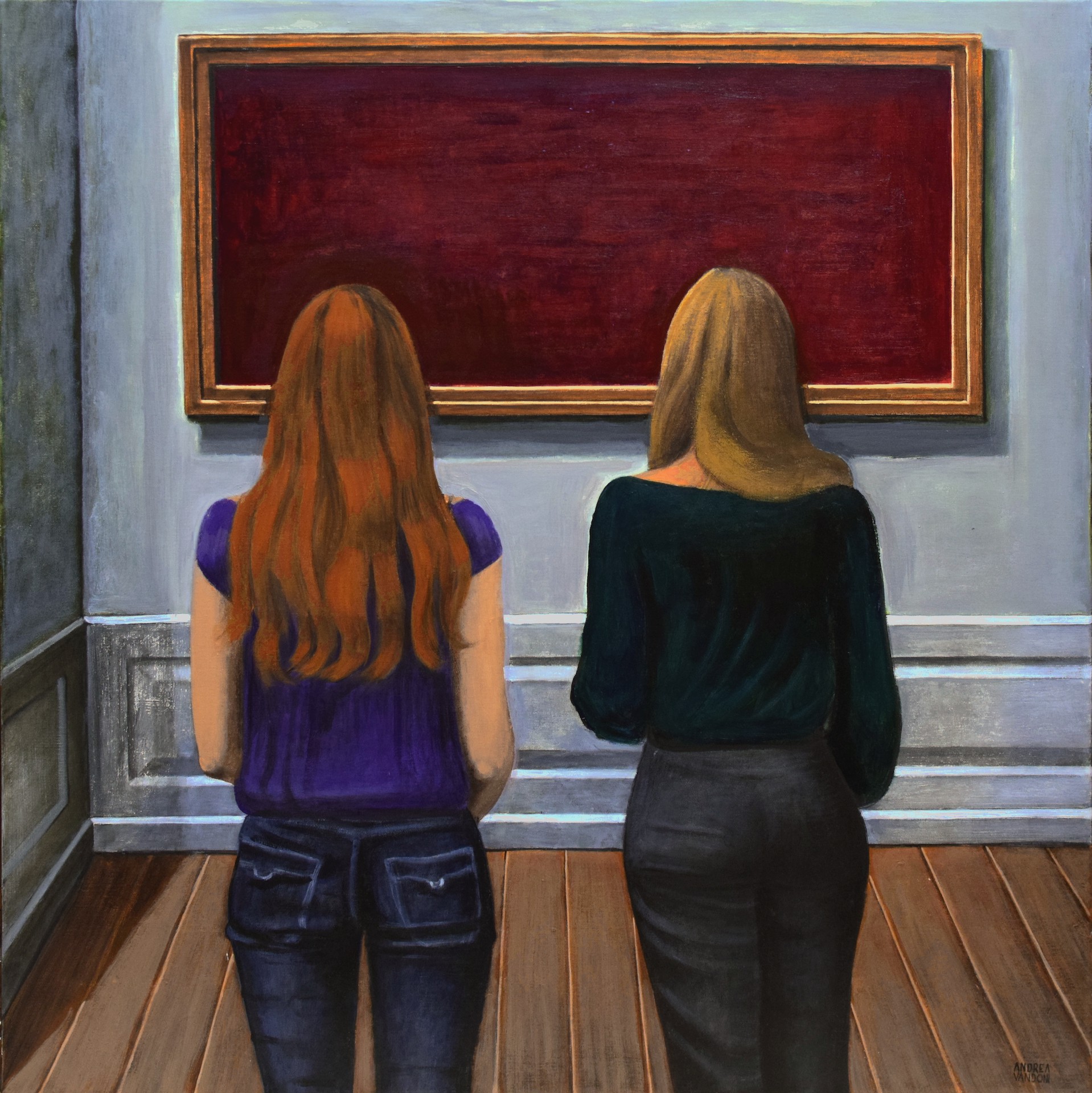 Two women looking at a painting in a museum.