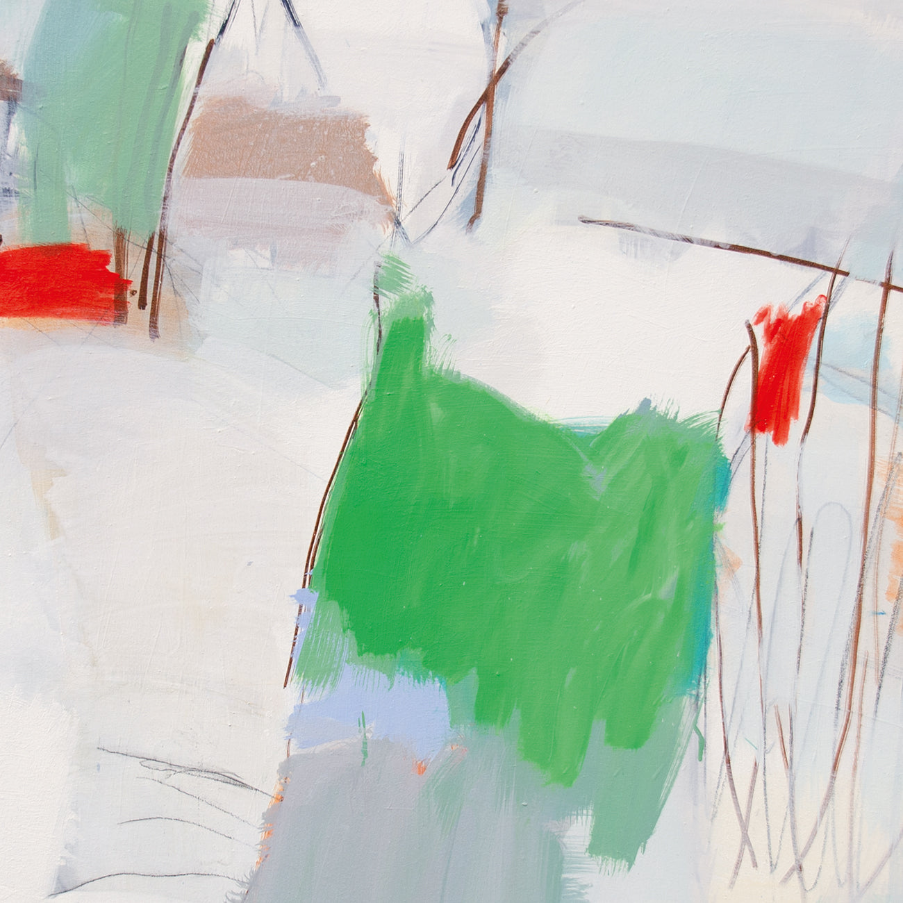 A painting with green, red, and blue paint on a white background.