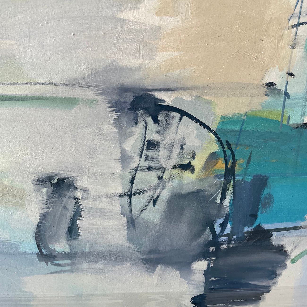 A painting of a blue and white abstract painting on a white background.