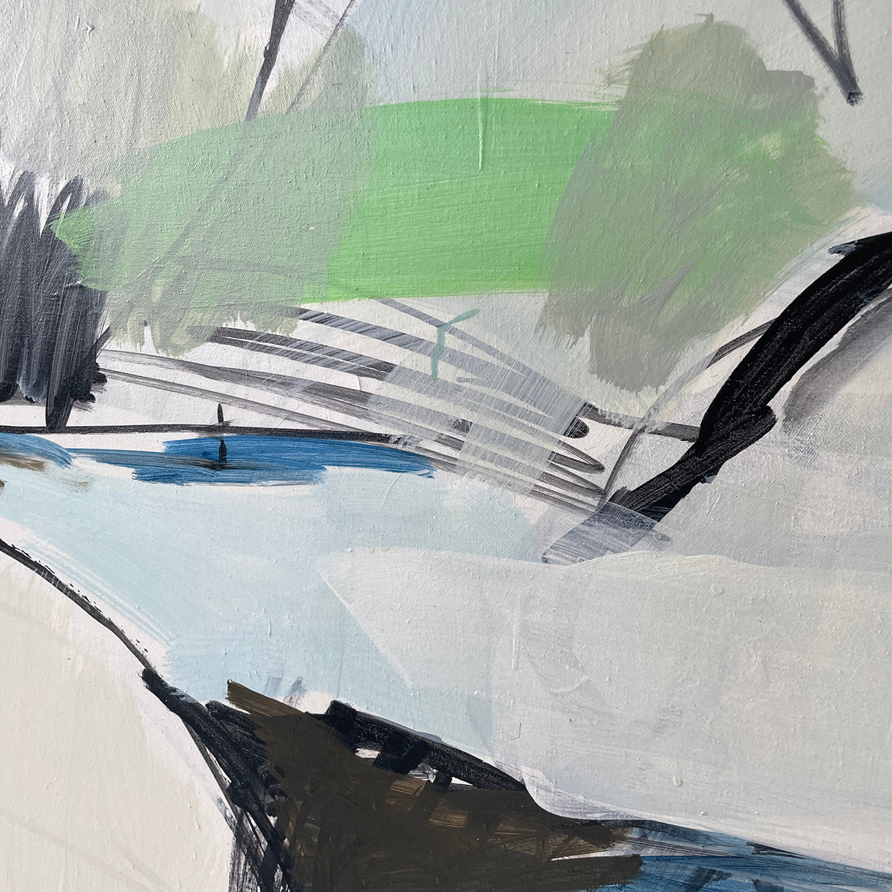 A painting of a blue and green abstract painting on a white background.