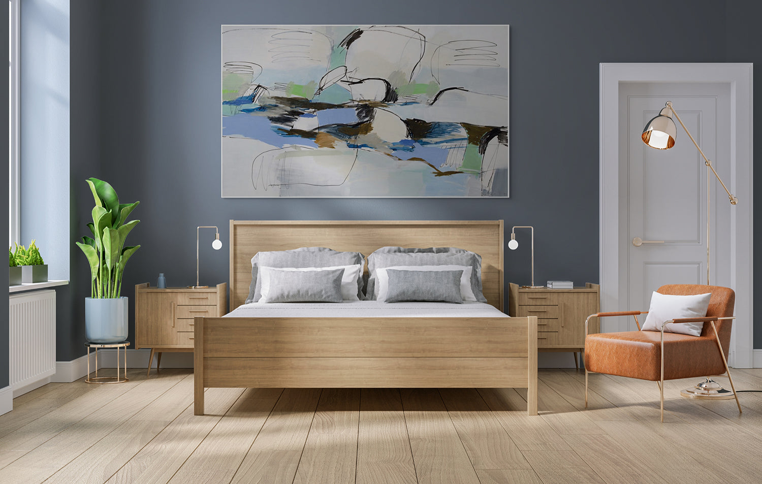 A painting of a blue and green abstract painting on a white background.