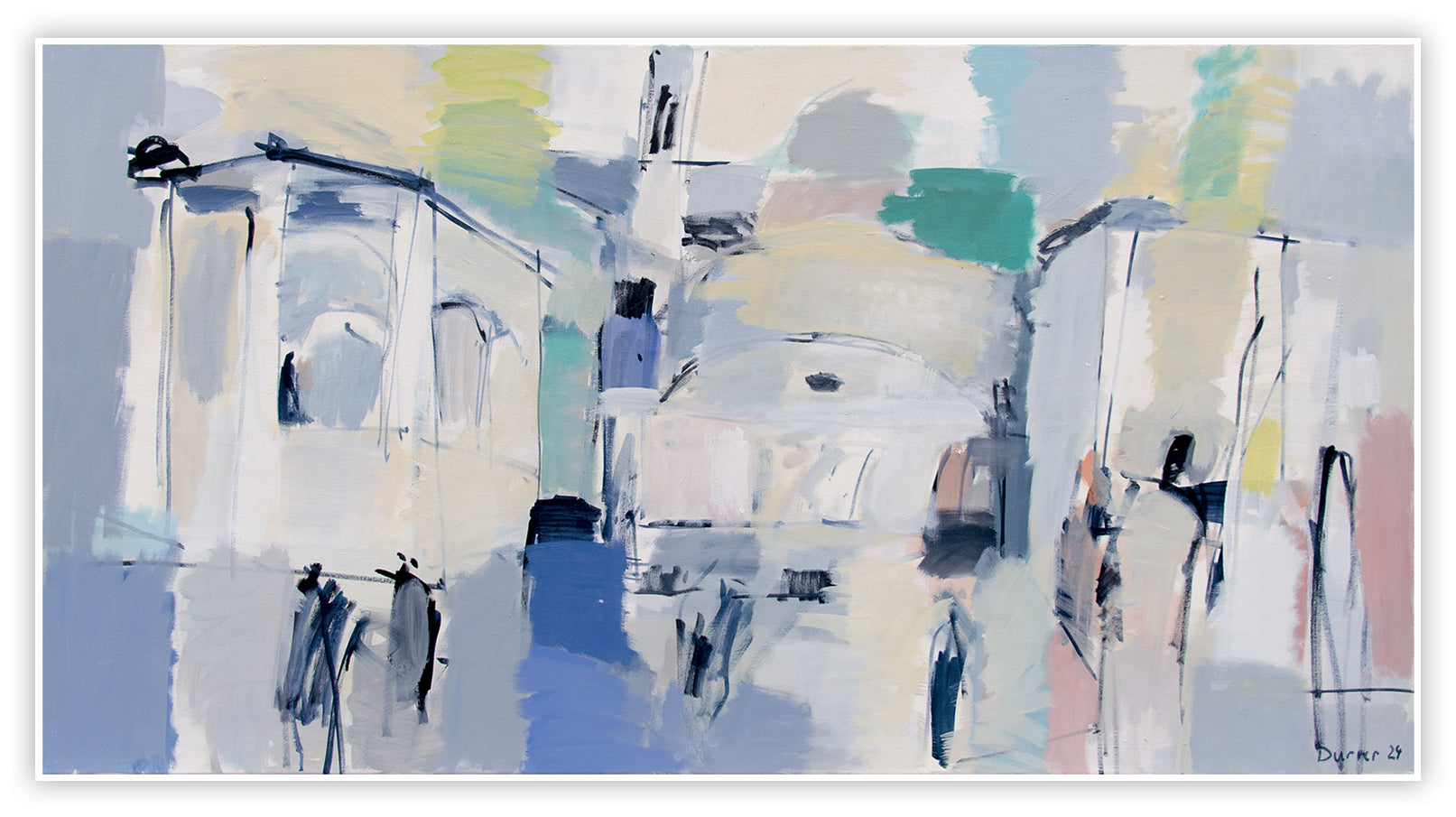 A painting of people walking down a city street.