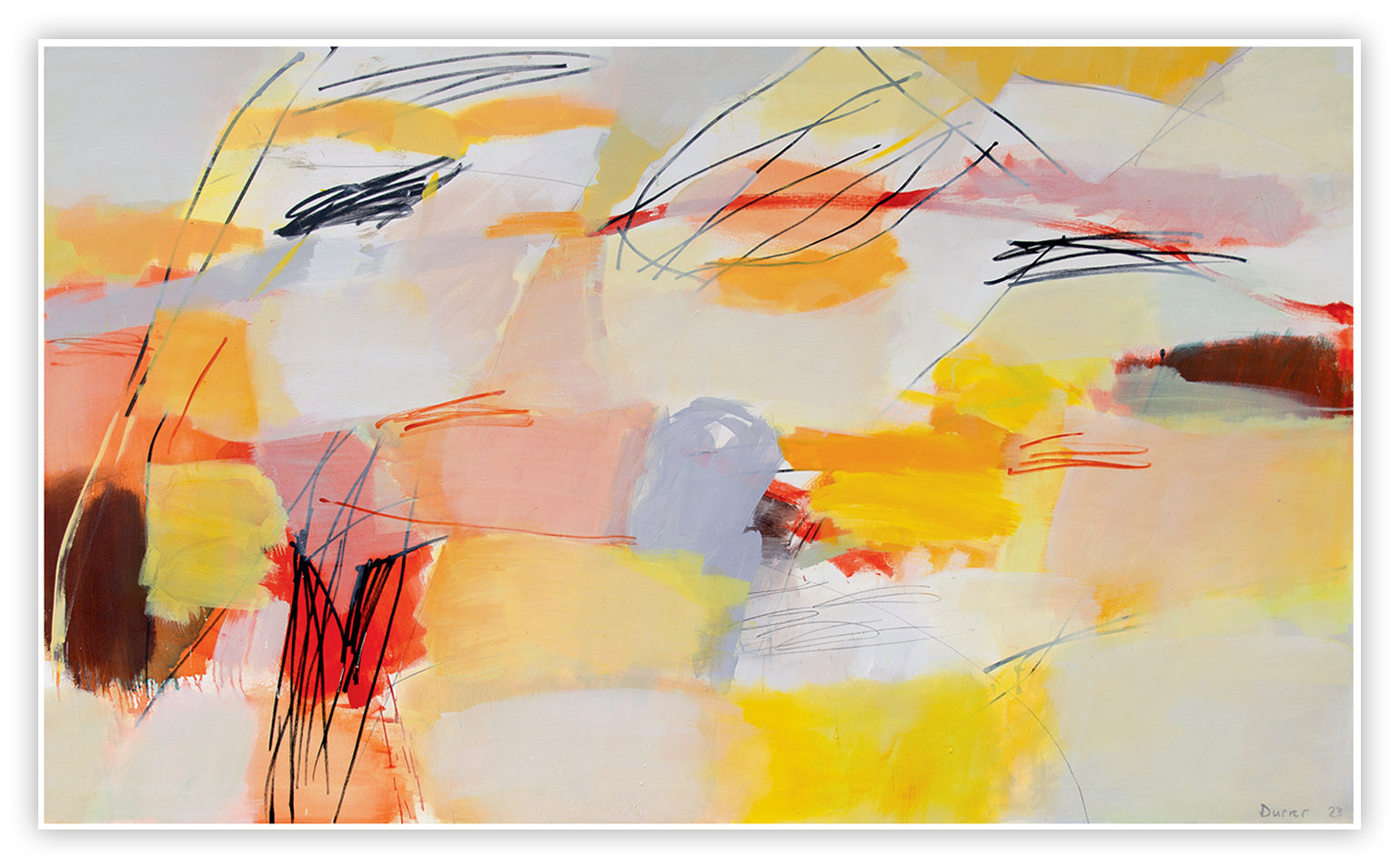 A painting of a yellow, red, and white abstract painting on a white background.
