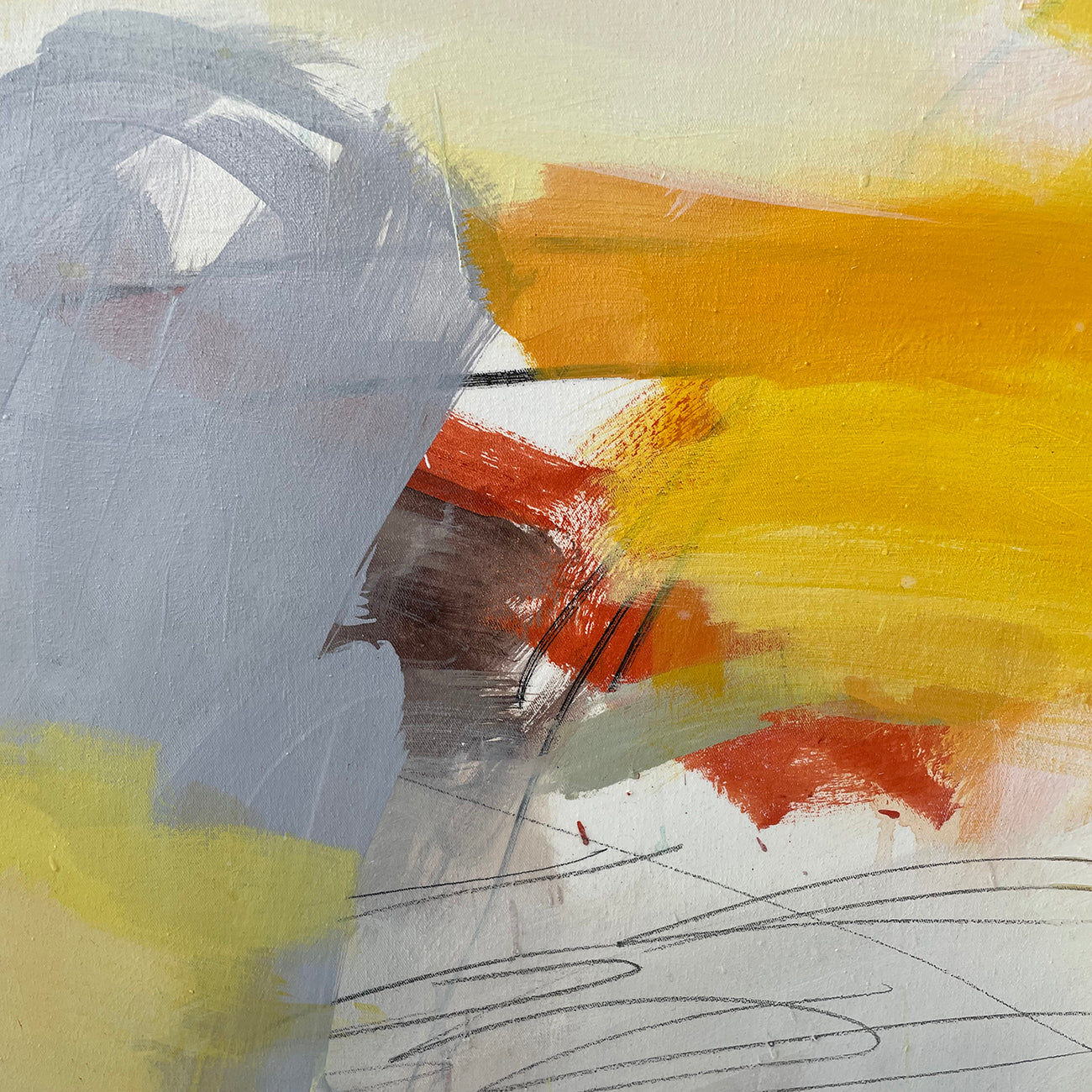 A painting of a yellow, red, and white abstract painting on a white background.