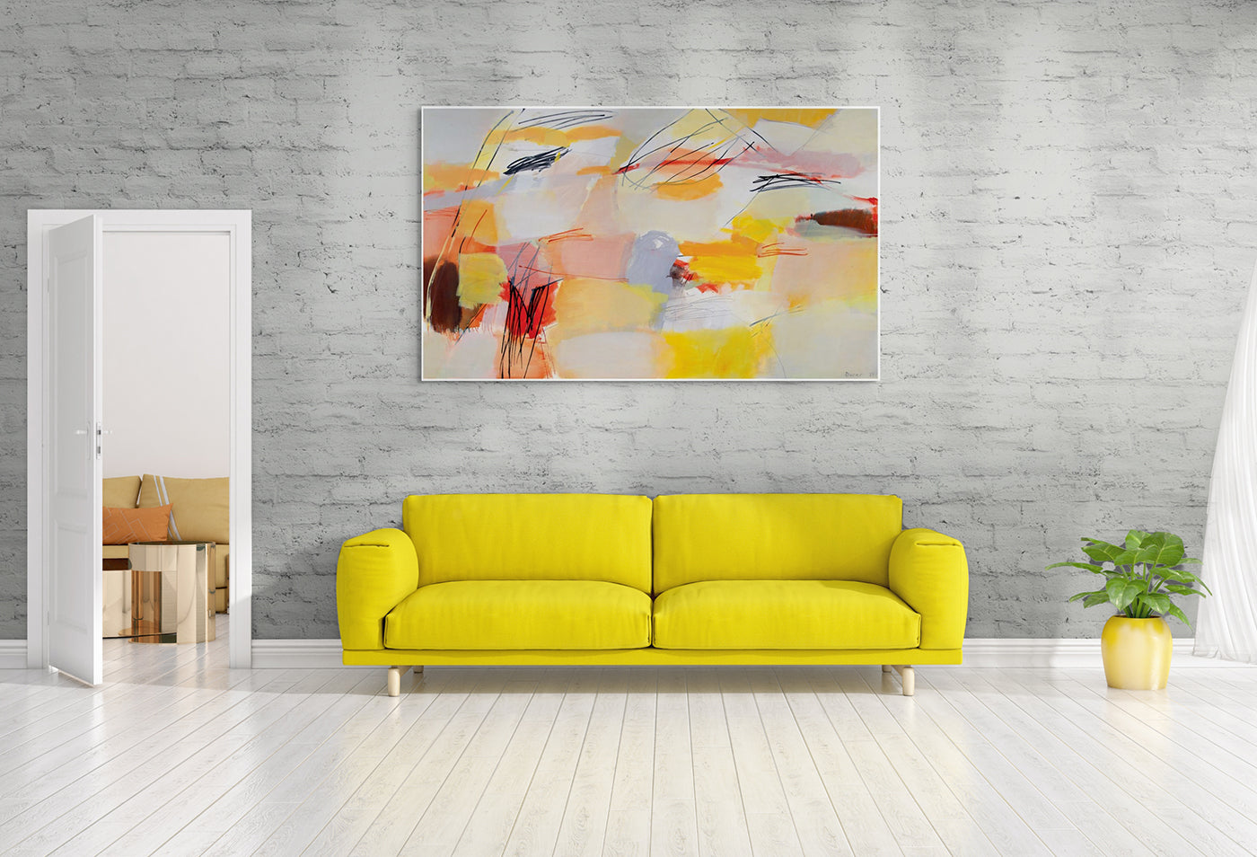 A painting of a yellow, red, and white abstract painting on a white background.