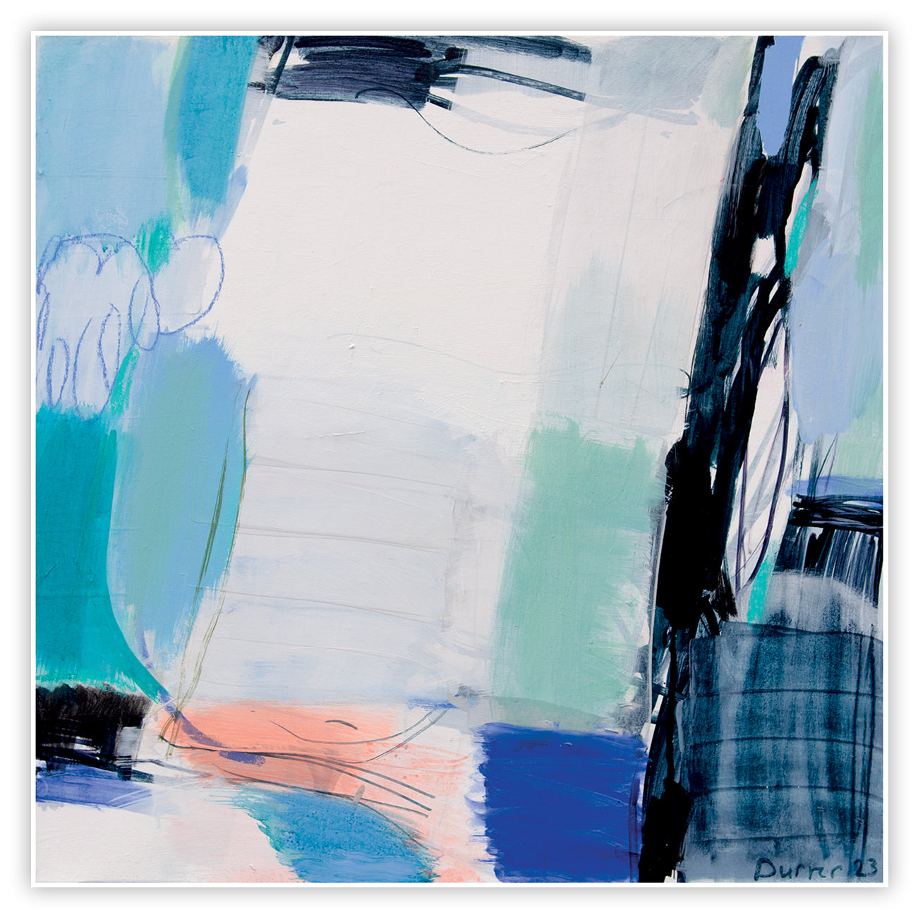 A blue and white abstract painting on a white background.