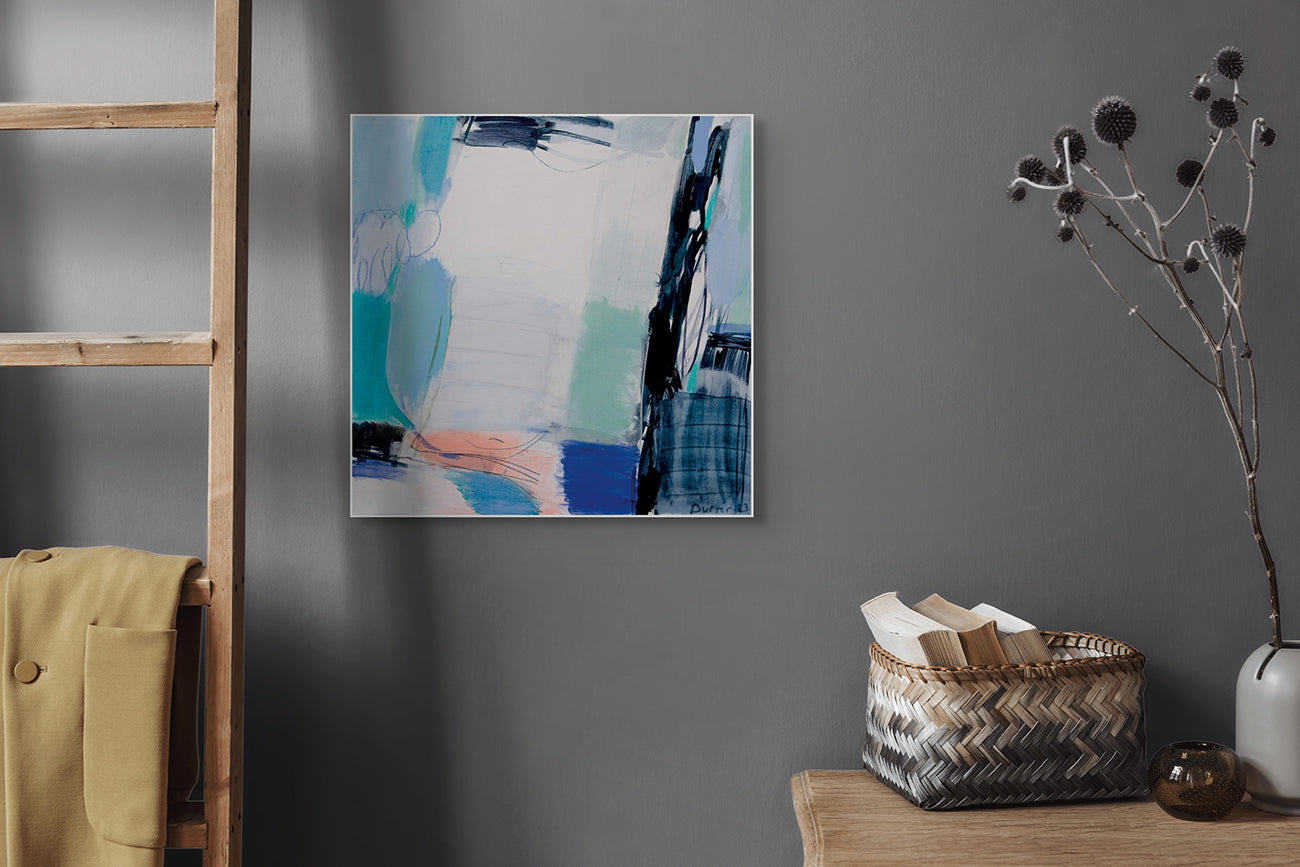 A blue and white abstract painting on a white background.