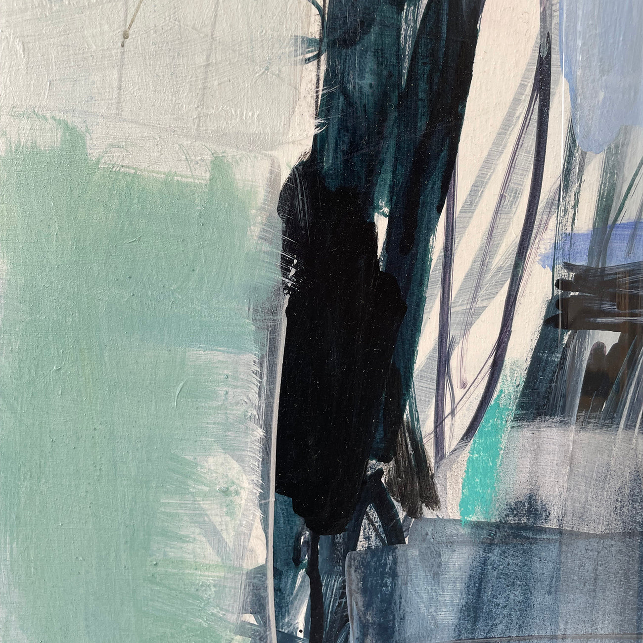 A blue and white abstract painting on a white background.