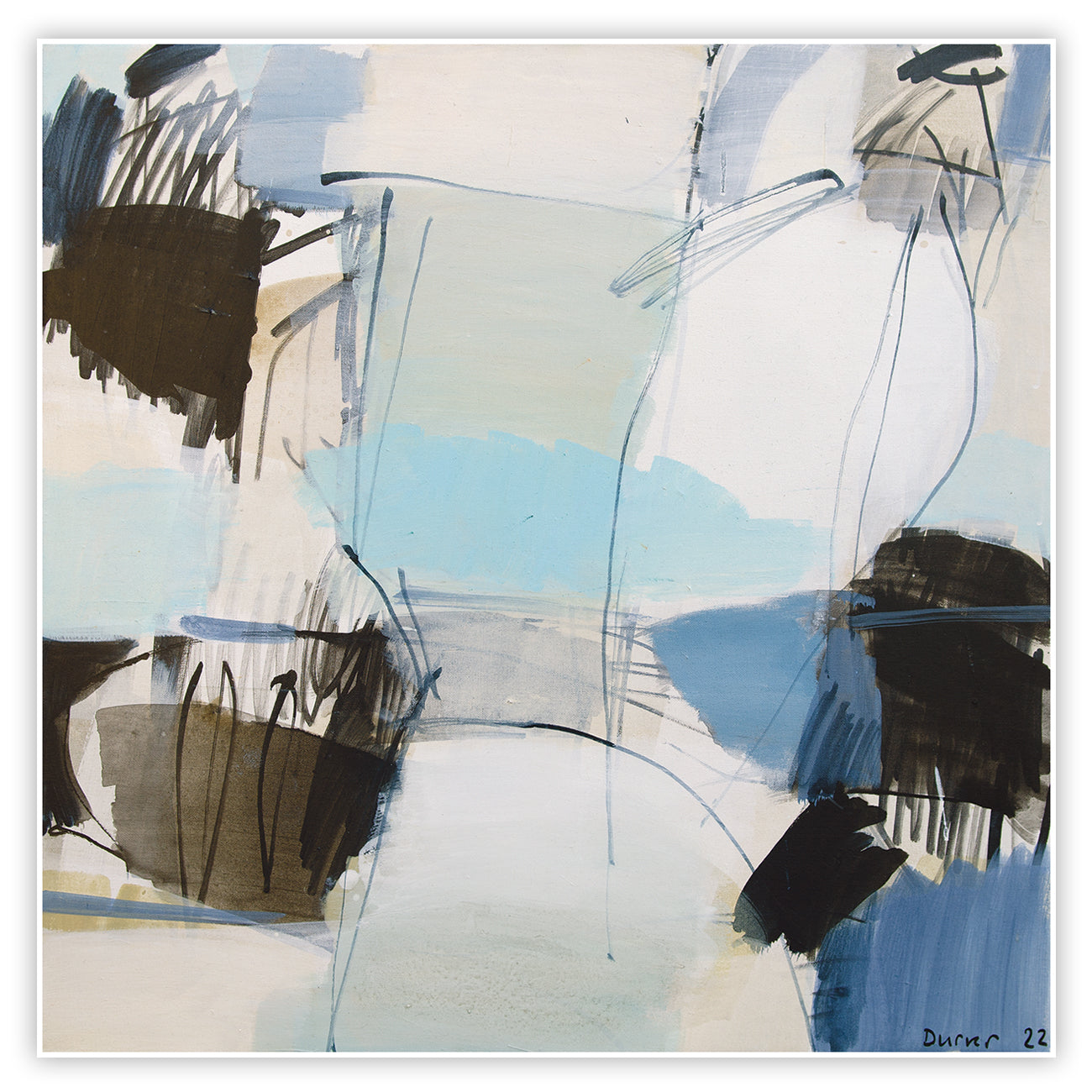 A painting with blue, black and white paint strokes on a white background.