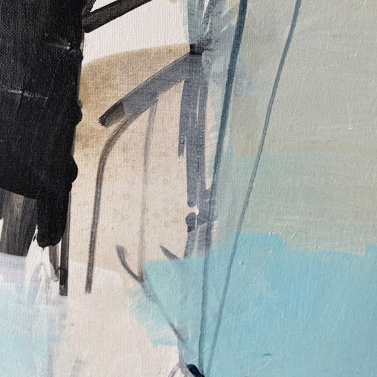 A painting with blue, black and white paint strokes on a white background.