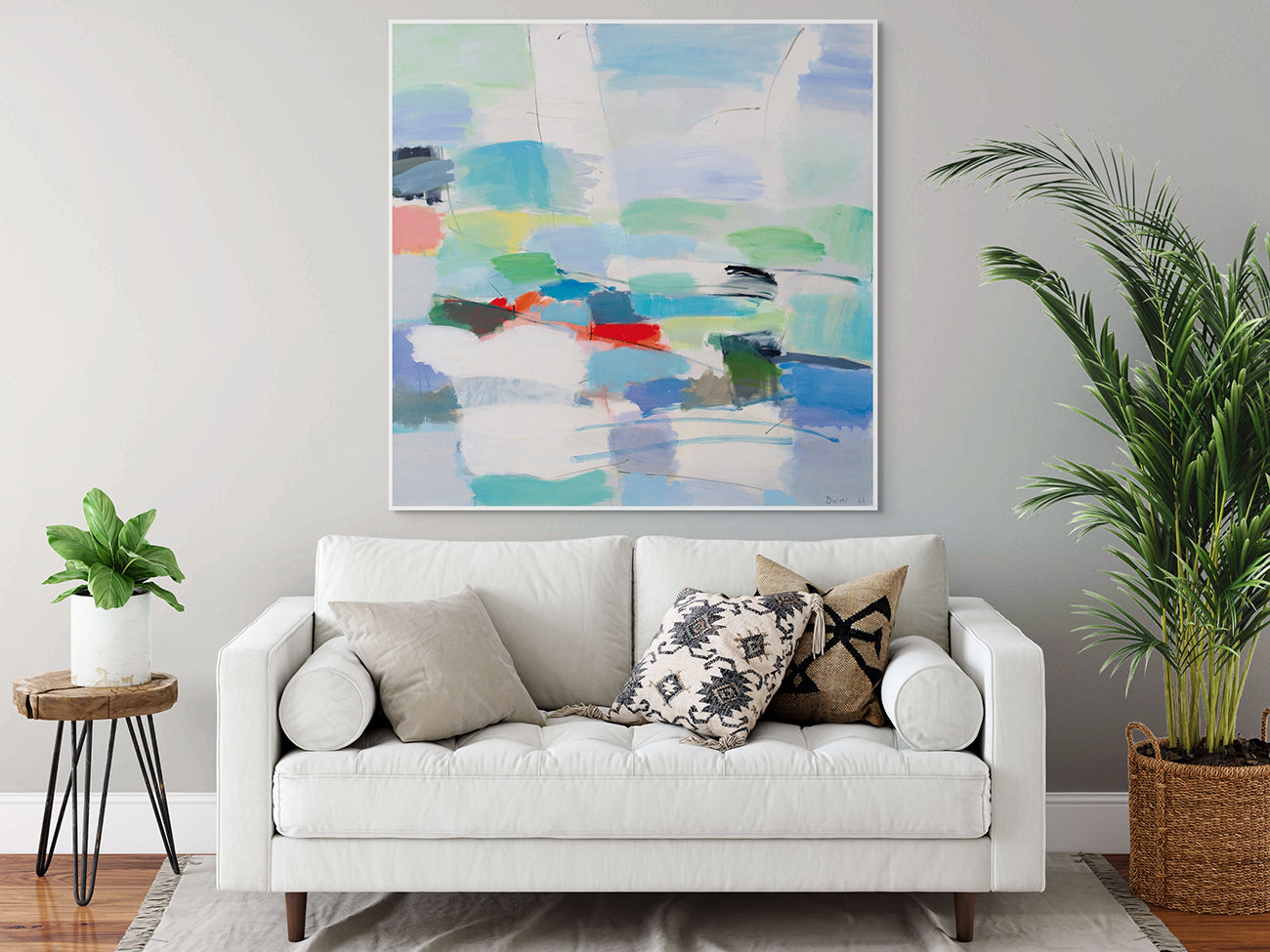 A painting of a blue, green, red, and white abstract painting.