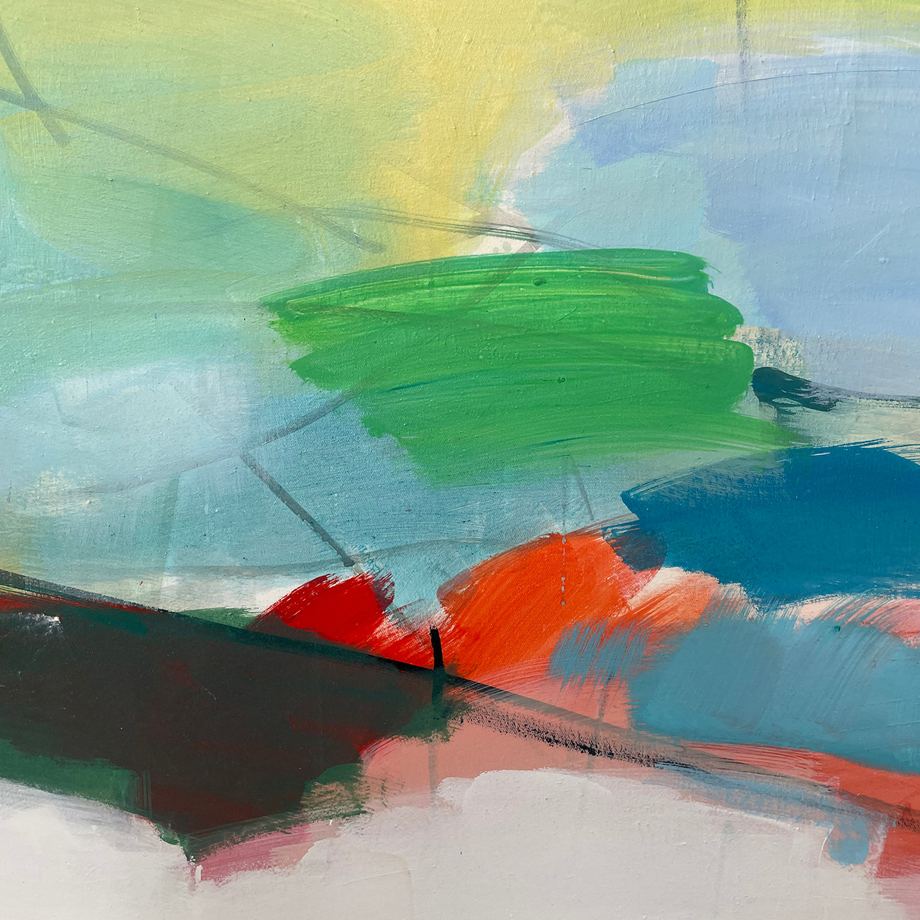 A painting of a blue, green, red, and white abstract painting.