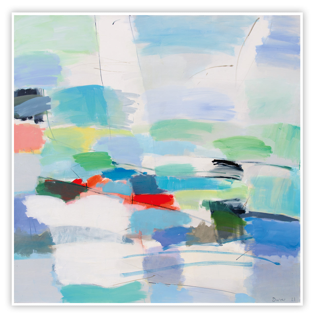 A painting of a blue, green, red, and white abstract painting.