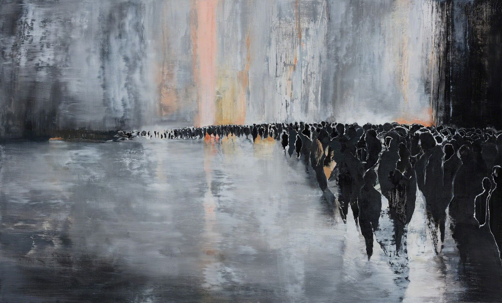 A painting of a group of people standing in front of a waterfall.