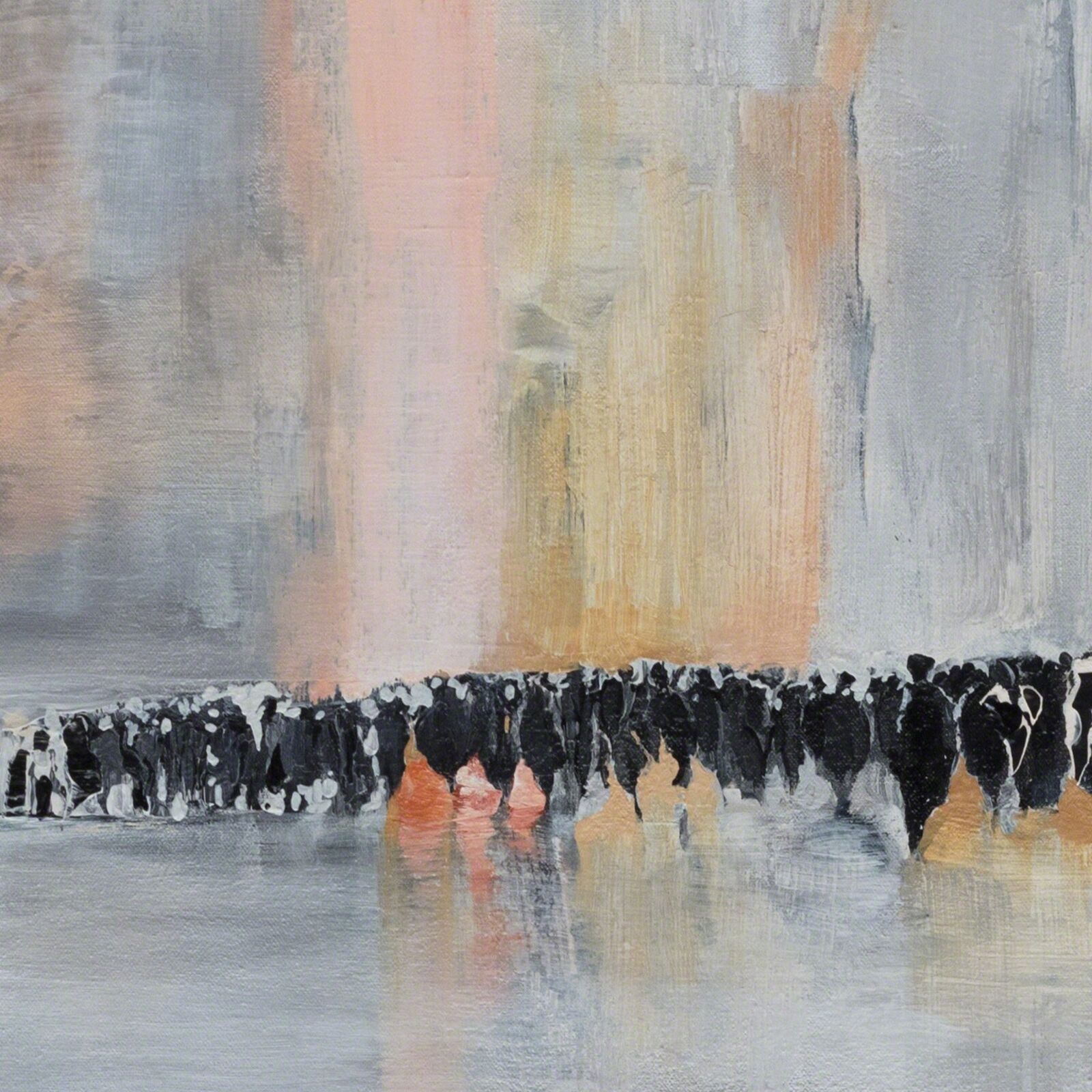 A painting of a group of people standing in front of a waterfall.