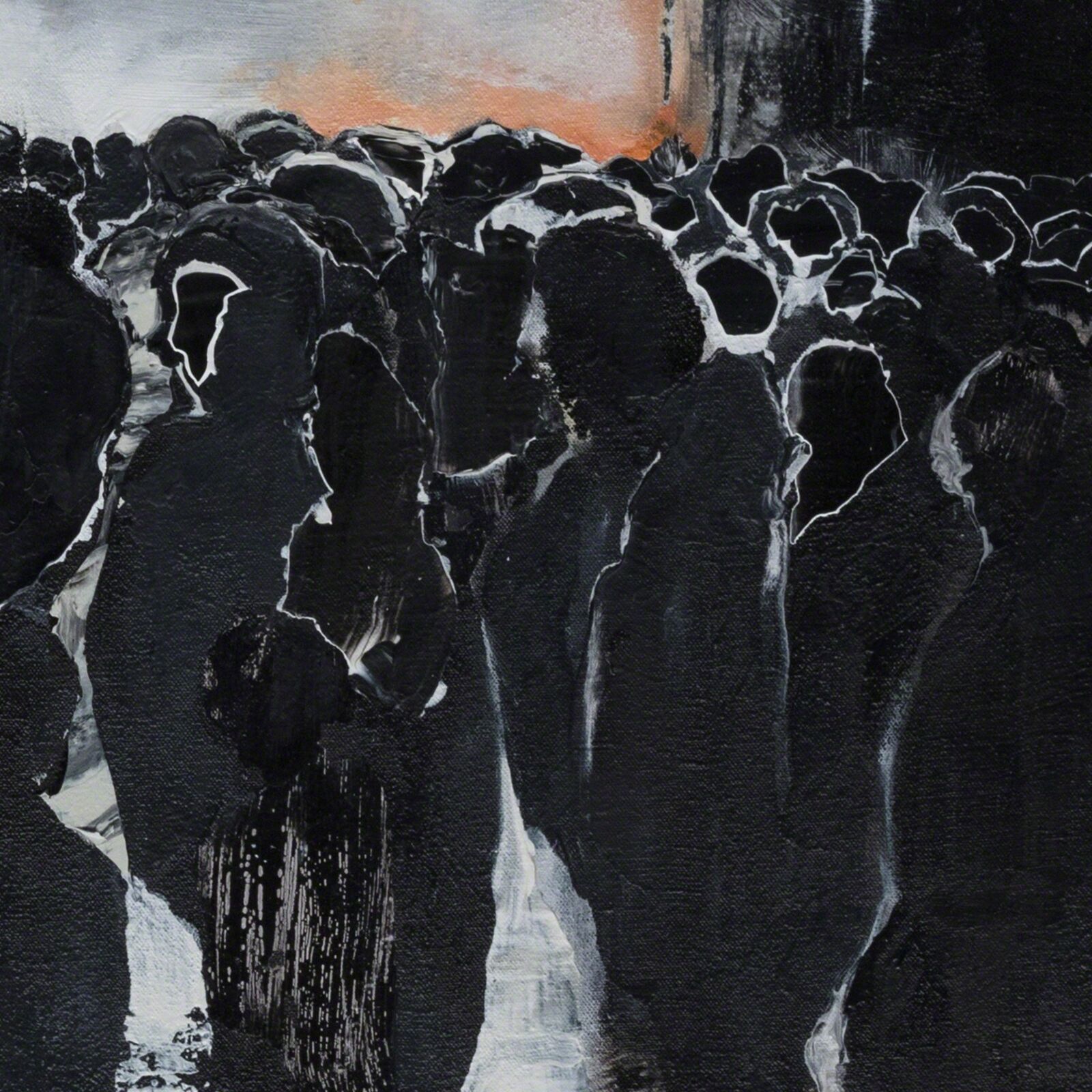 A painting of a group of people standing in front of a waterfall.