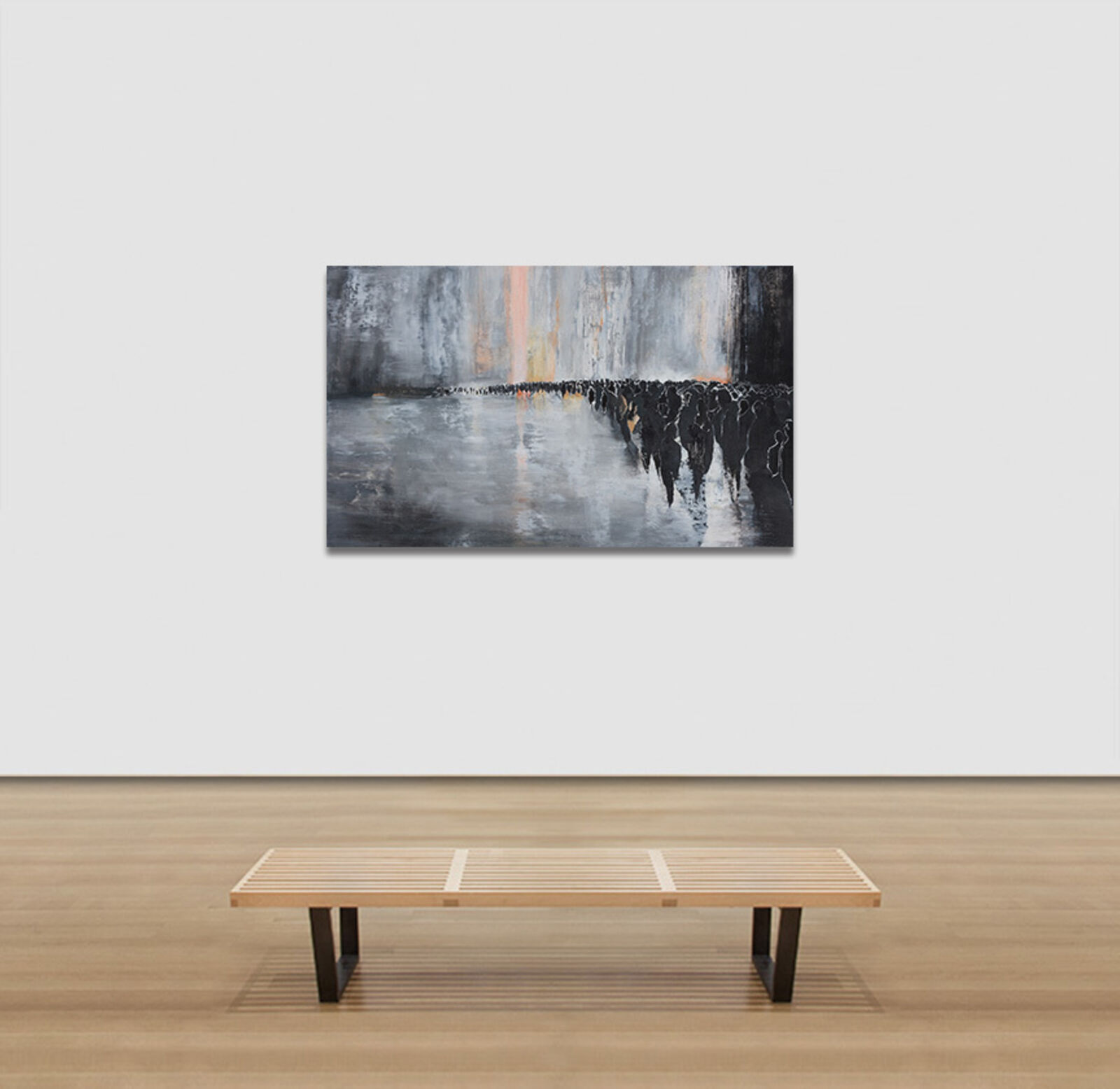 A painting of a group of people standing in front of a waterfall.